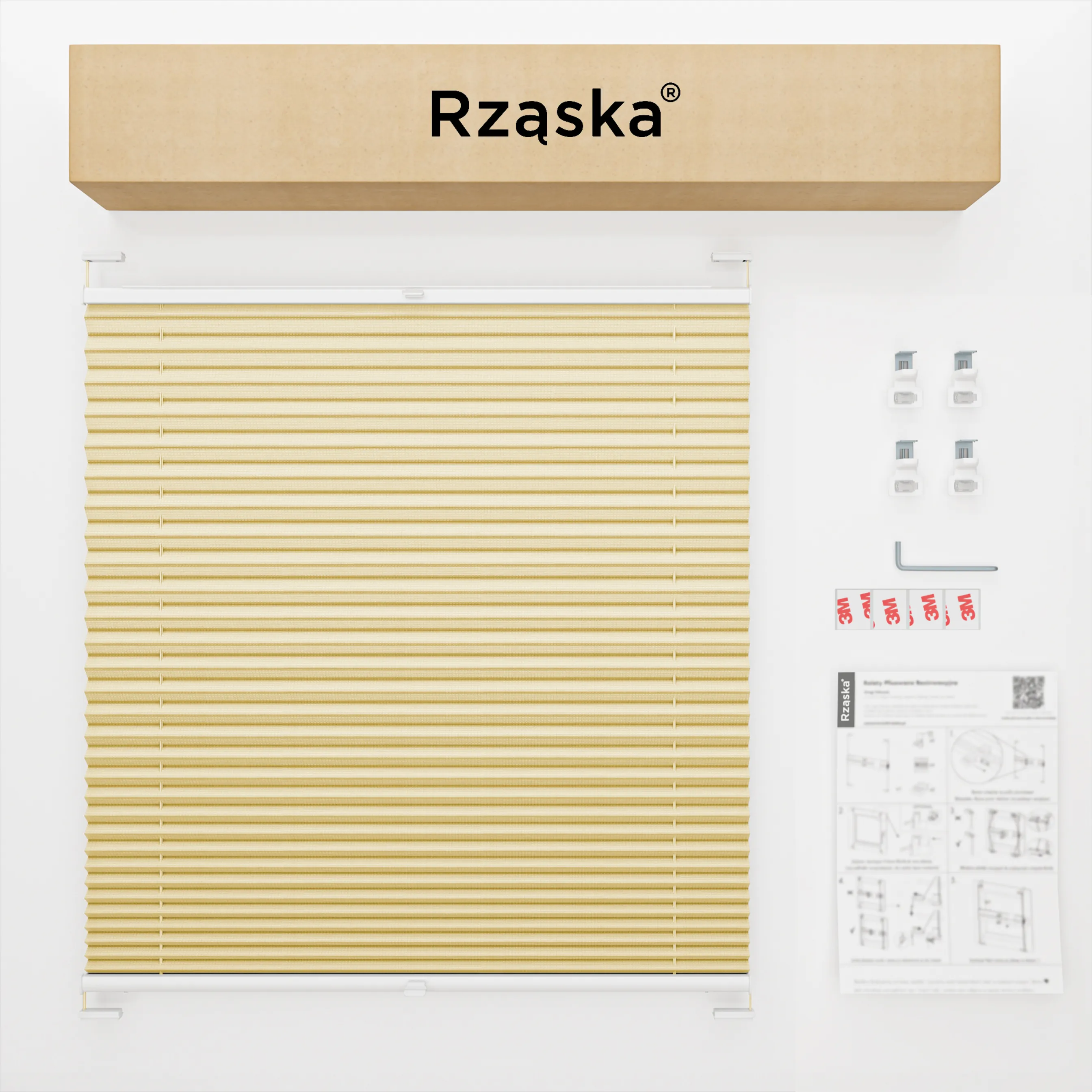 Inwazyjne rolety okienne wewnętrzne Rząska® na wymiar, uchwyty Risinfix Double 2w1, kolekcja Premium w kolorze Piasek Sahary, beżowym z profilem białym.