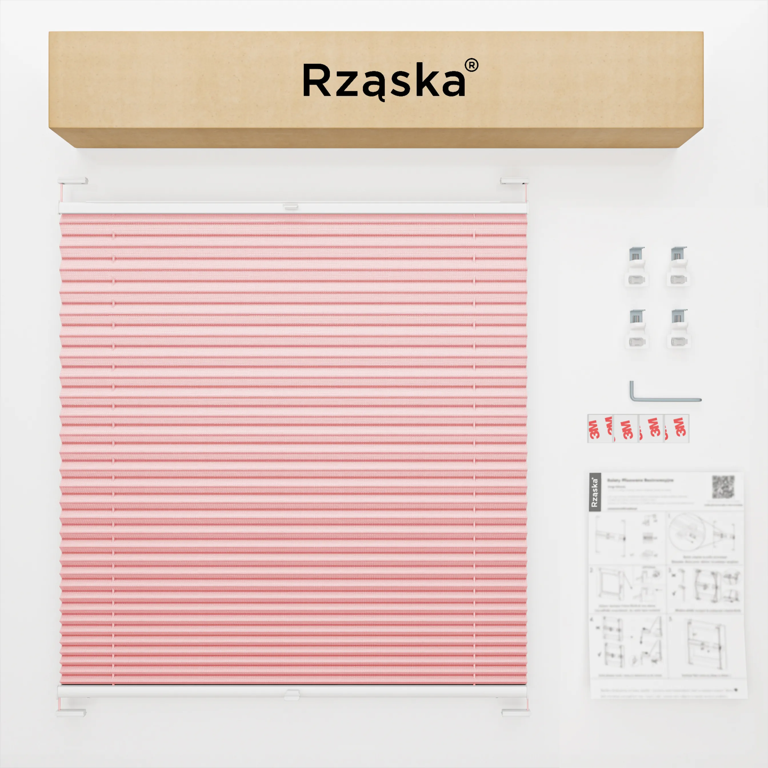 Inwazyjne rolety okienne wewnętrzne Rząska® na wymiar, uchwyty Risinfix Double 2w1, kolekcja Premium w kolorze Pudrowy róż, różowym z profilem białym.