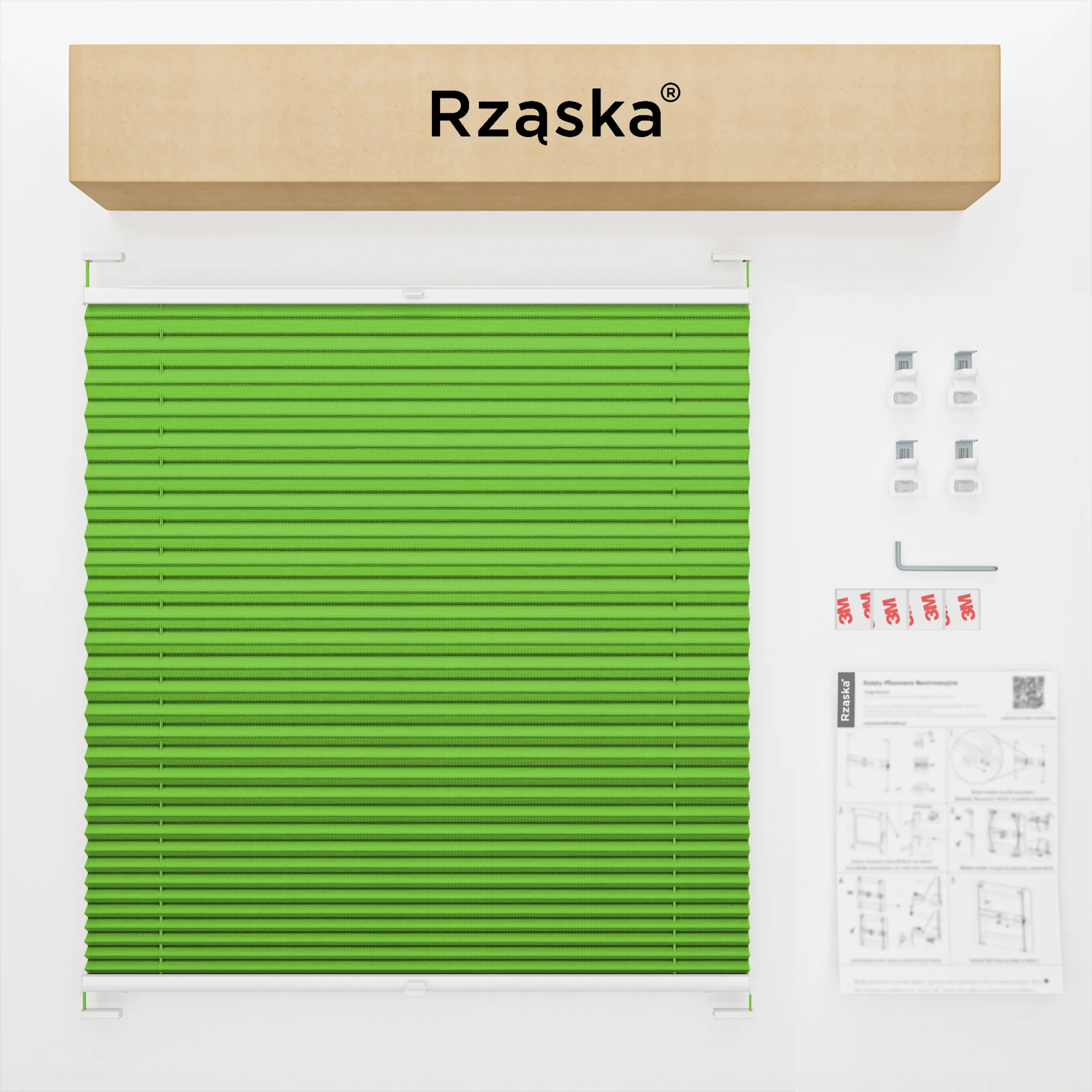 Inwazyjne rolety na okna Rząska® pod wymiar, uchwyty Risinfix do przykręcania, kolekcja Premium w kolorze Zielona łąka, zielonym z profilem białym.