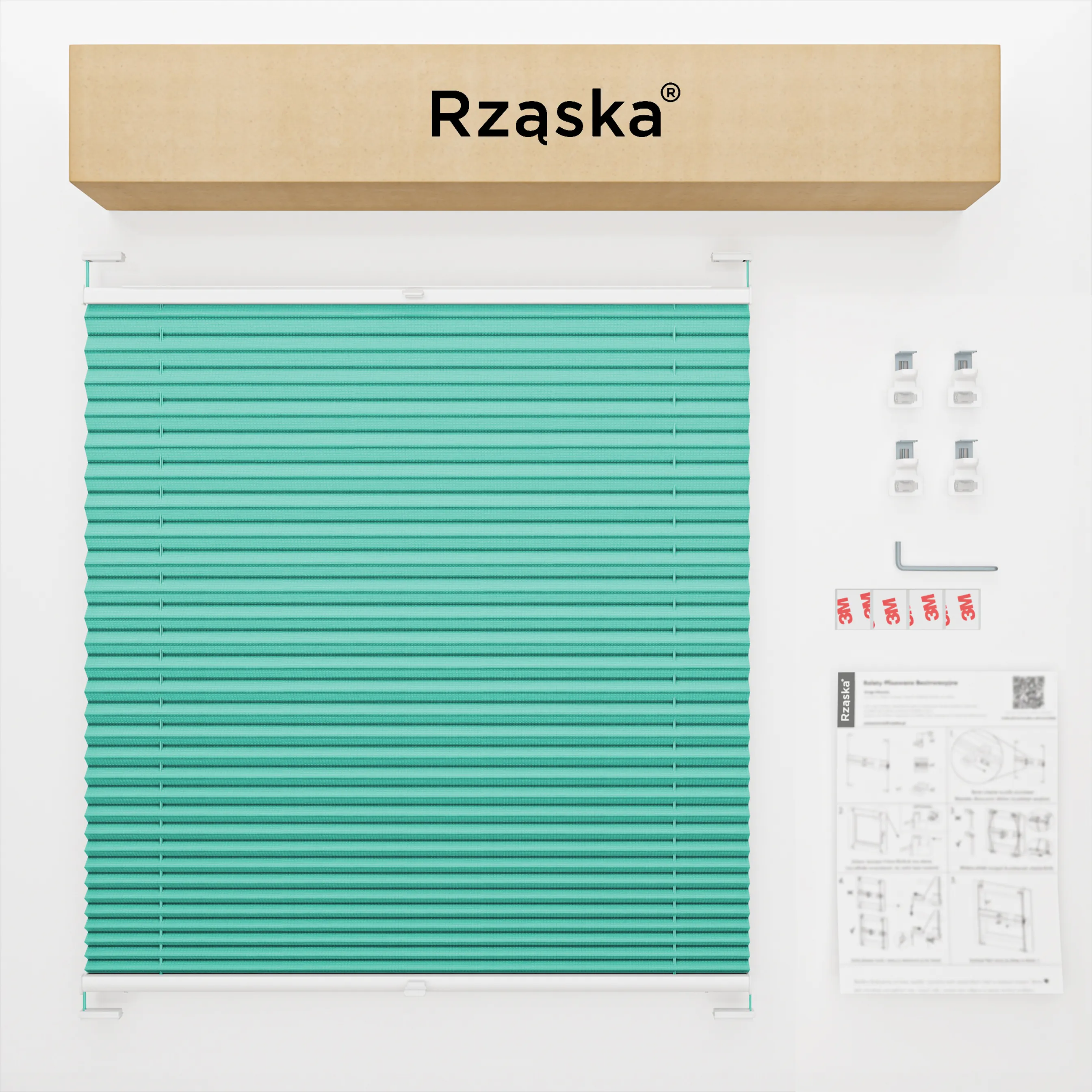 Bezinwazyjne plisy do okien Rząska® na wymiar, uchwyty Risinfix do zaciskania na imbus, kolekcja Premium w kolorze Błękitny ocean, turkusowym z profilem białym.