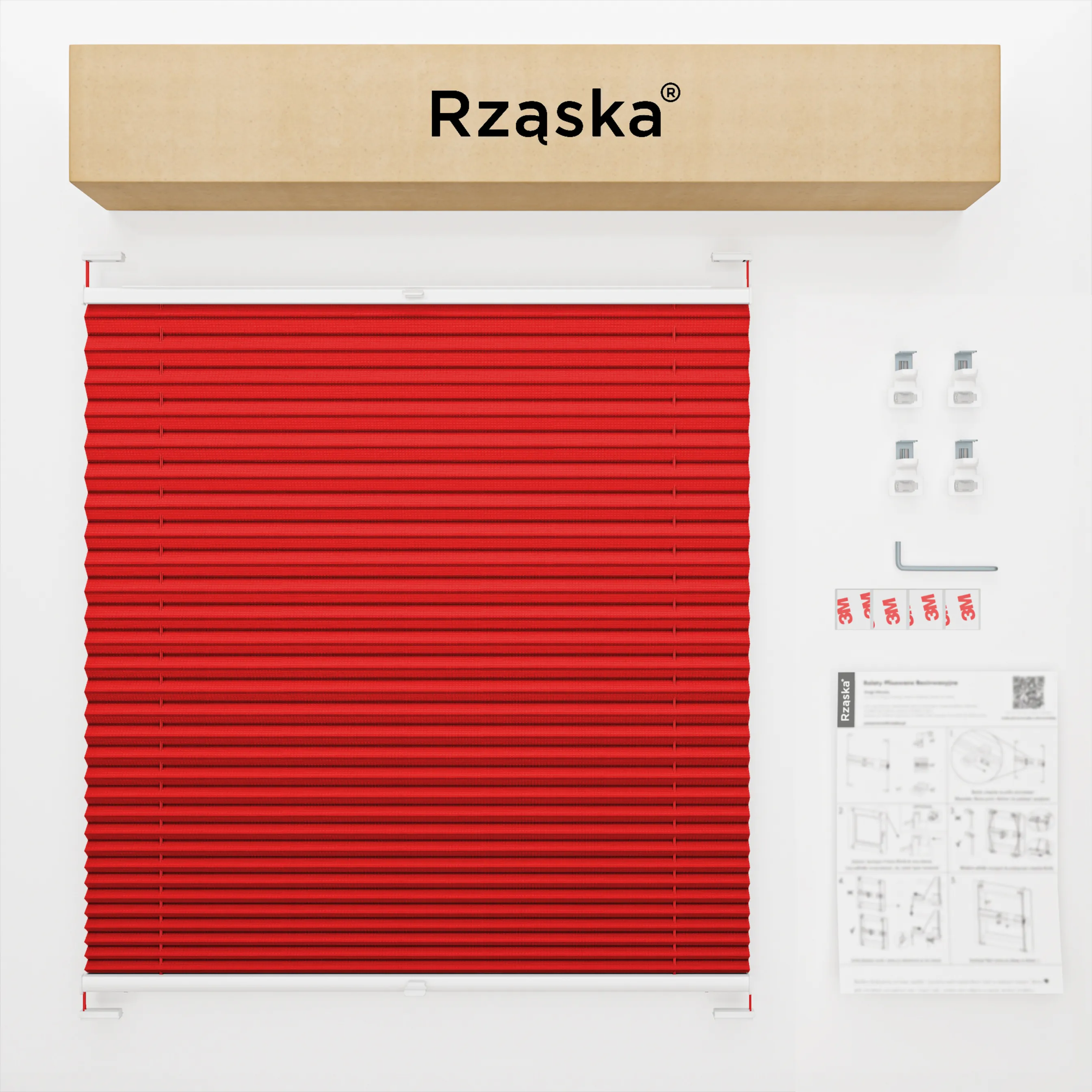 Inwazyjne rolety okienne wewnętrzne Rząska® na wymiar, uchwyty Risinfix Double 2w1, kolekcja Premium w kolorze Usta Geishy, czerwonym z profilem białym.