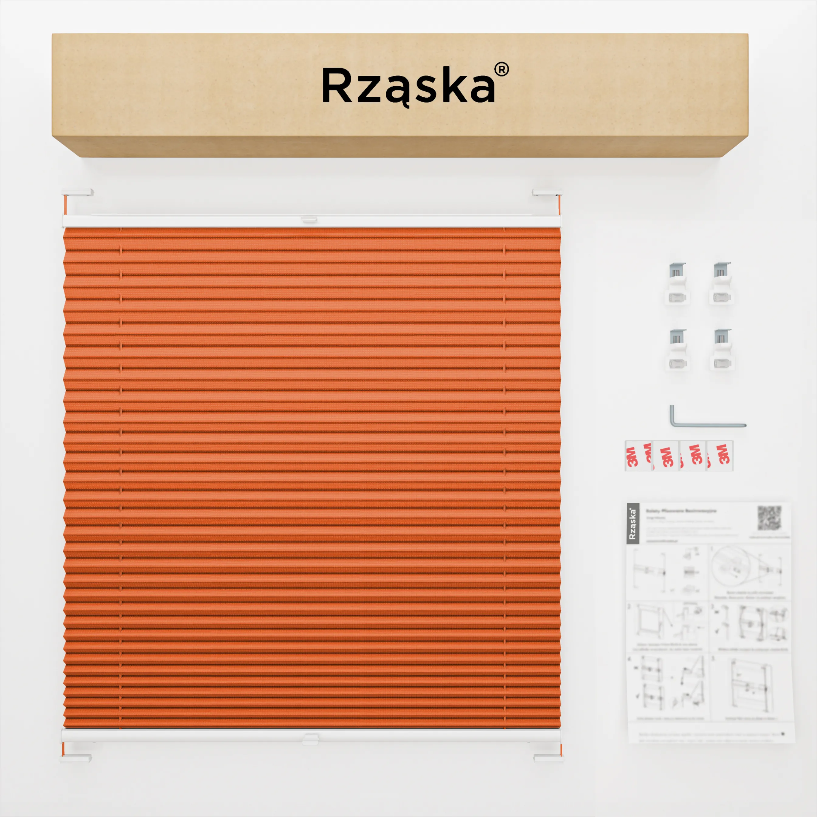 Bezinwazyjne plisy okienne Rząska® na wymiar, uchwyty Risinfix Incognito X do zaciskania, kolekcja Premium w kolorze Zachód słońca, pomarańczowym z profilem białym.