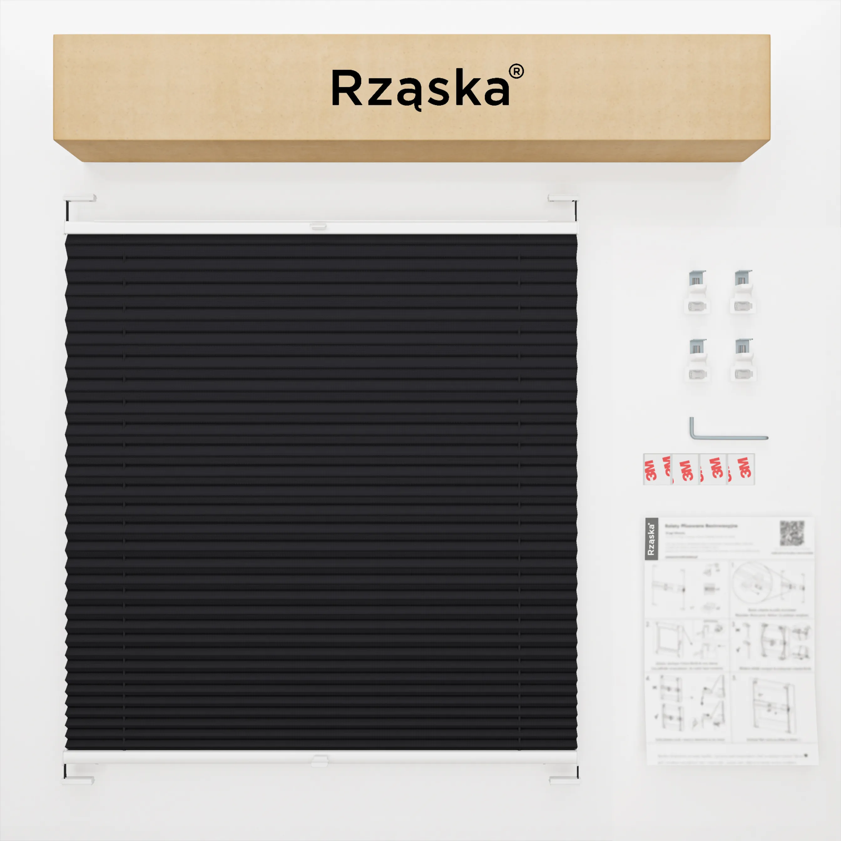 Inwazyjne rolety okienne wewnętrzne Rząska® na wymiar, uchwyty Risinfix Double 2w1, kolekcja Premium w kolorze Śląski węgiel, czarnym z profilem białym.