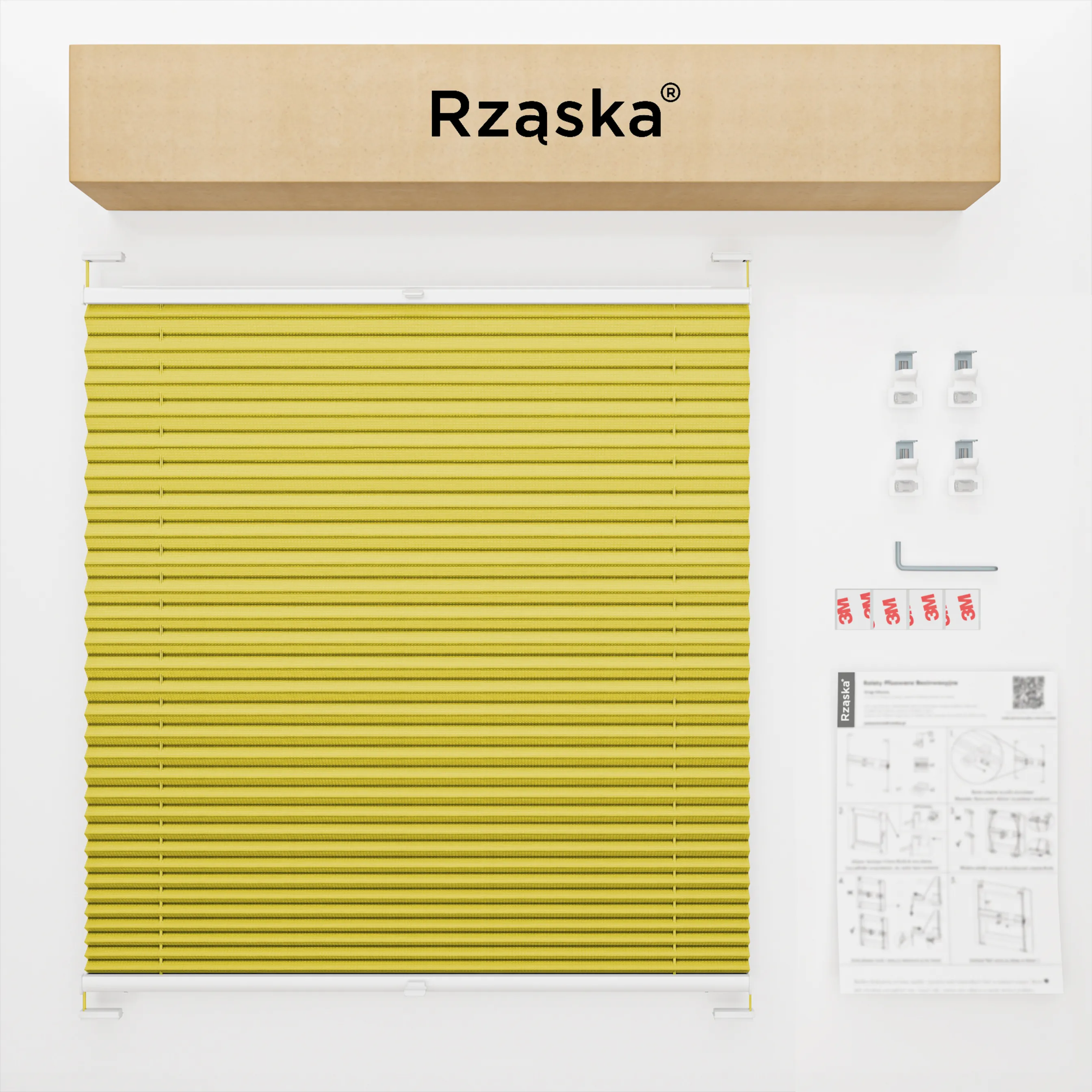Bezinwazyjne plisy do okien Rząska® na wymiar, uchwyty Risinfix do zaciskania na imbus, kolekcja Premium w kolorze Wakacyjny czas ,zółtym z profilem białym.