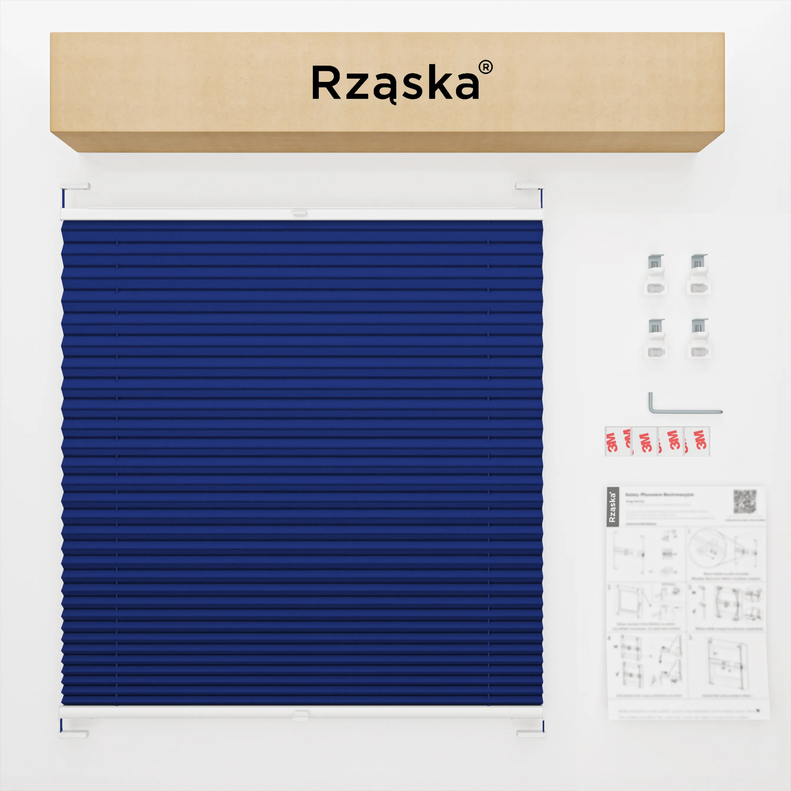 Inwazyjne rolety okienne wewnętrzne Rząska® na wymiar, uchwyty Risinfix Double 2w1, kolekcja Premium w kolorze Błękitna laguna, niebieskim z profilem białym.