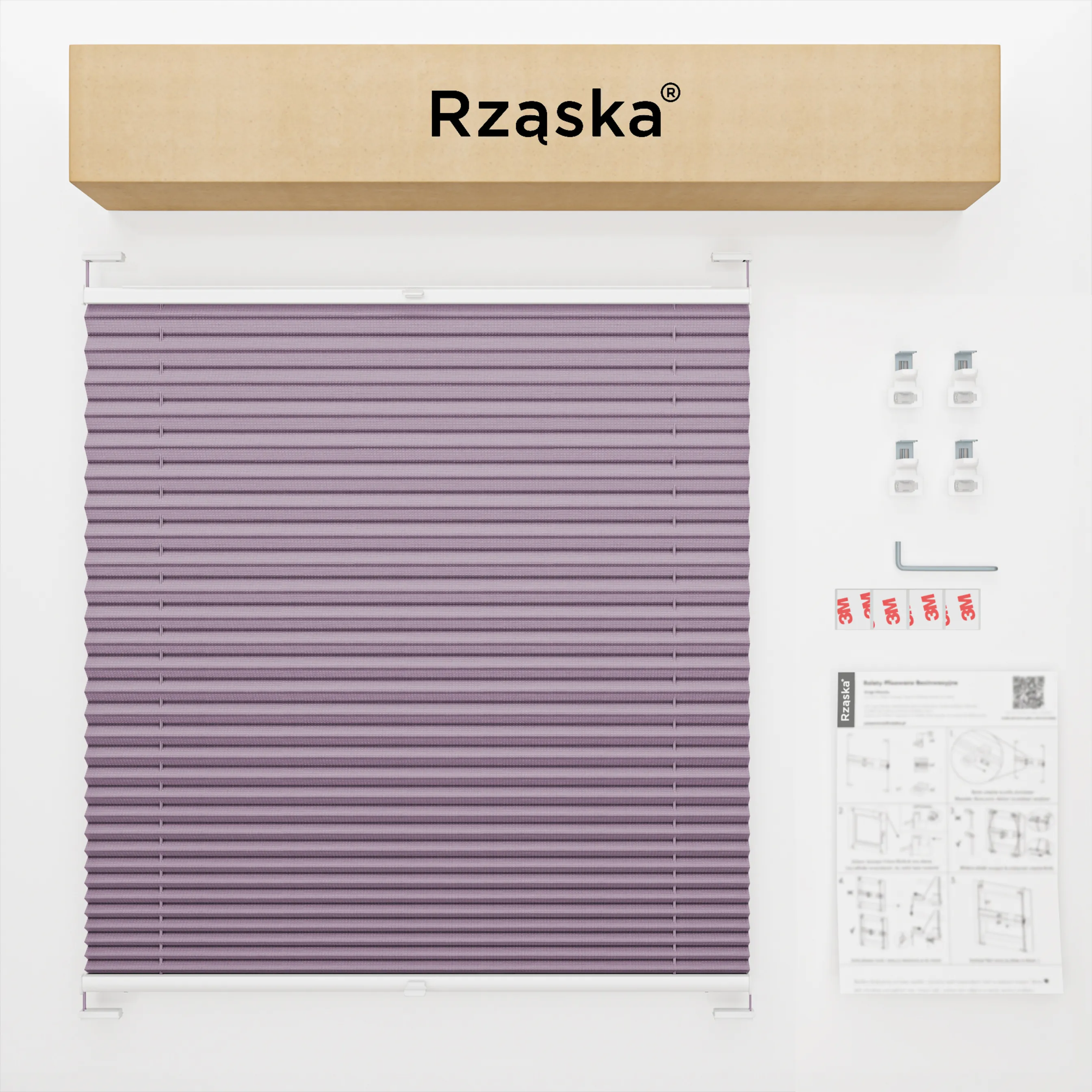 Bezinwazyjne plisy okienne Rząska® na wymiar, uchwyty Risinfix Incognito X do zaciskania, kolekcja Premium w kolorze Śliwkowy urok, flioletowym z profilem białym.