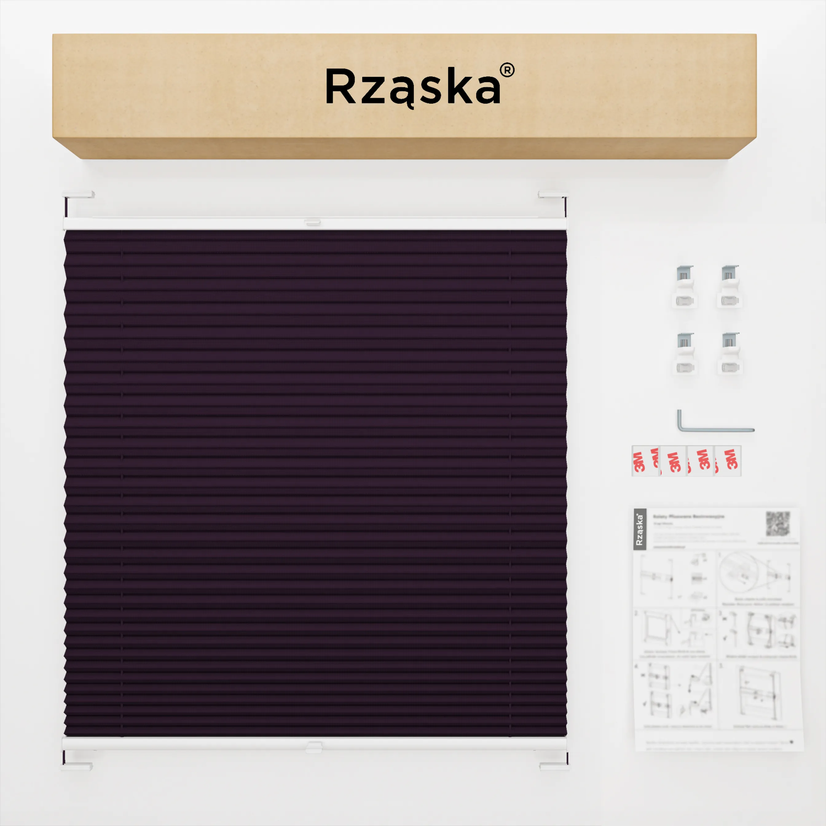 Inwazyjne rolety okienne wewnętrzne Rząska® na wymiar, uchwyty Risinfix Double 2w1, kolekcja Premium w kolorze Muza północy, flioletowym z profilem białym.