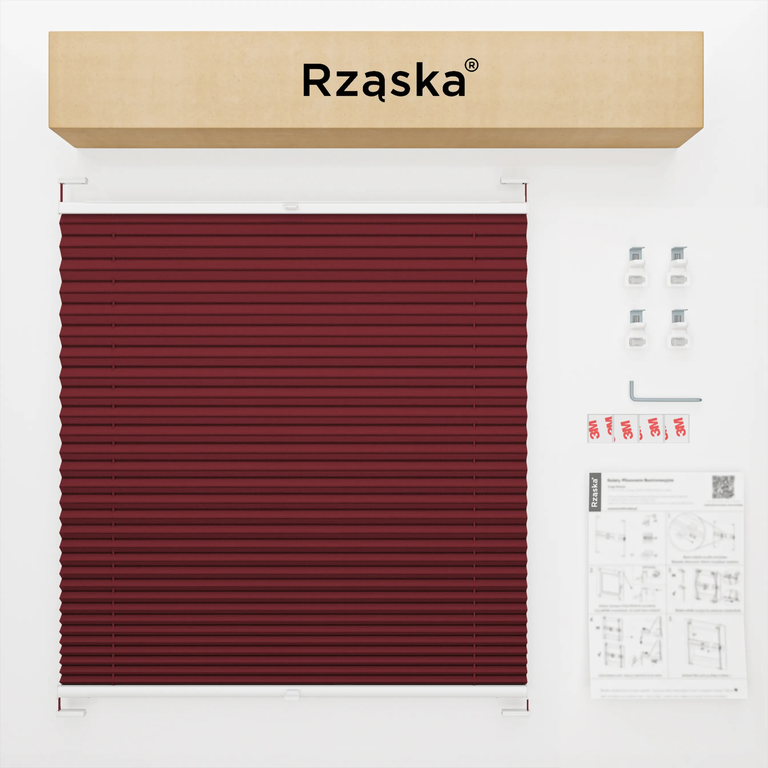 Inwazyjne rolety okienne wewnętrzne Rząska® na wymiar, uchwyty Risinfix Double 2w1, kolekcja Premium w kolorze Rubinowa Zagadka, ciemno czerwonym z profilem białym.