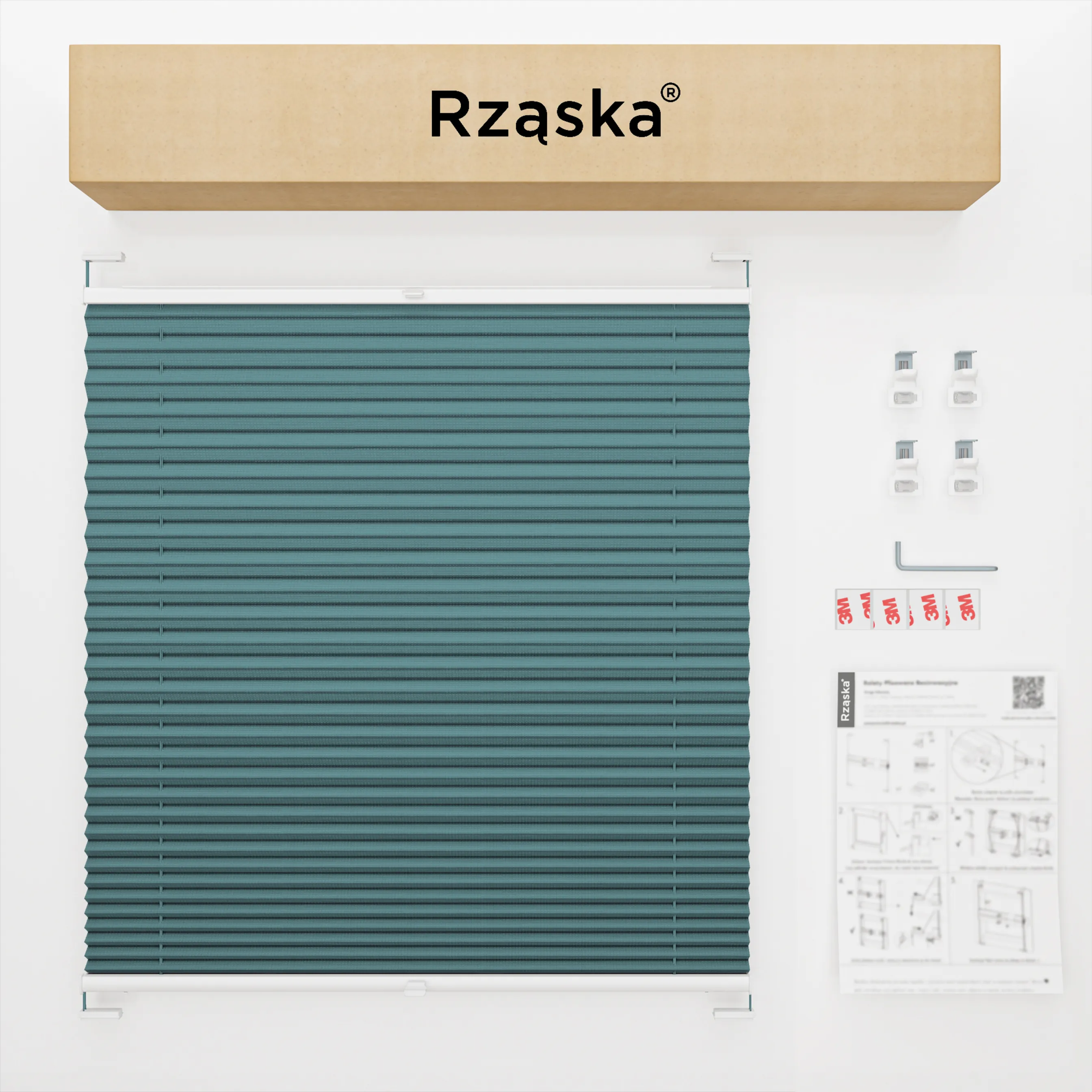 Inwazyjne rolety okienne wewnętrzne Rząska® na wymiar, uchwyty Risinfix Double 2w1, kolekcja Premium w kolorze Spokojna zatoka, gołębiego błekitu z profilem białym.