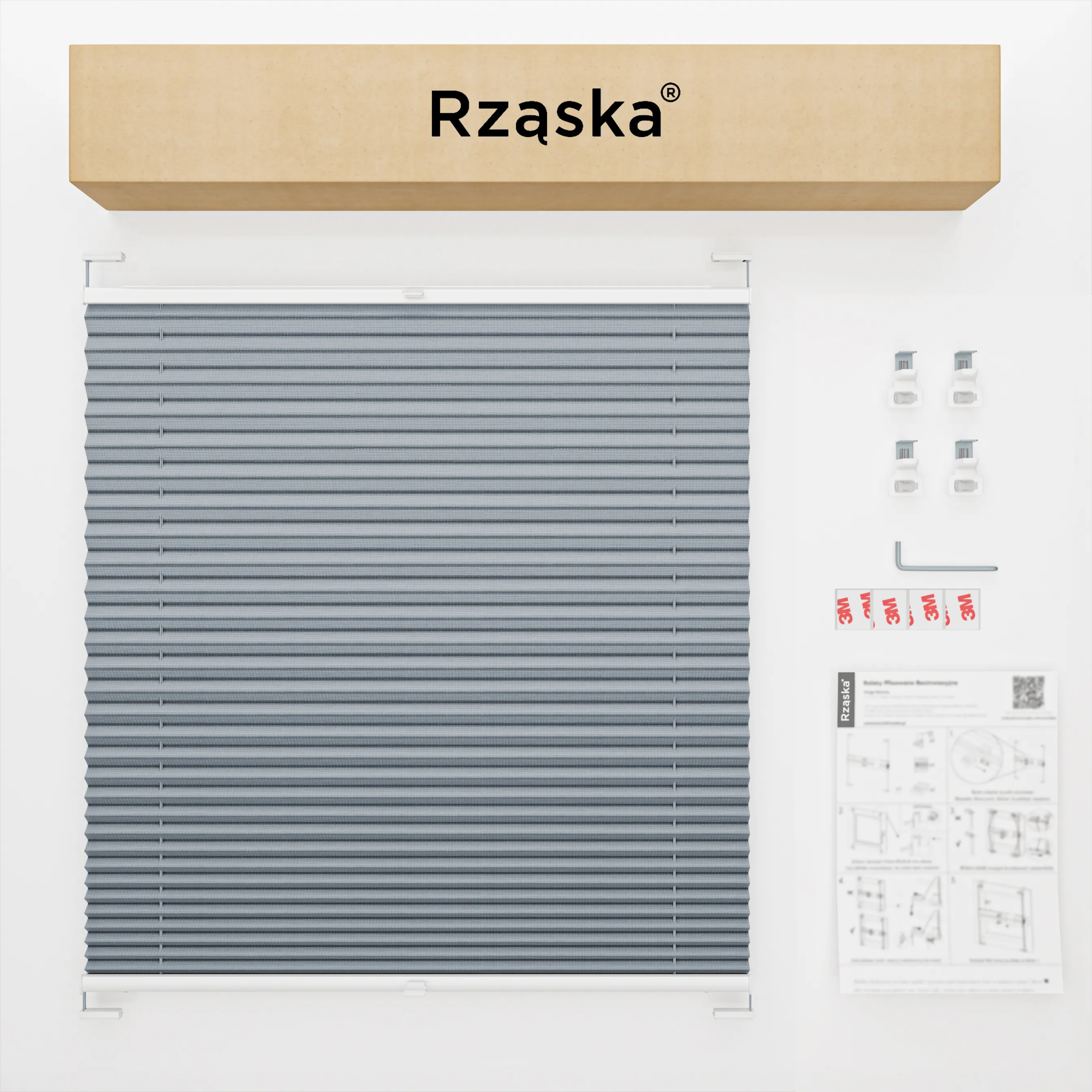 Inwazyjne rolety na okna Rząska® pod wymiar, uchwyty Risinfix do przykręcania, kolekcja Premium w kolorze Srebrna Sonata, szarego z profilem białym.