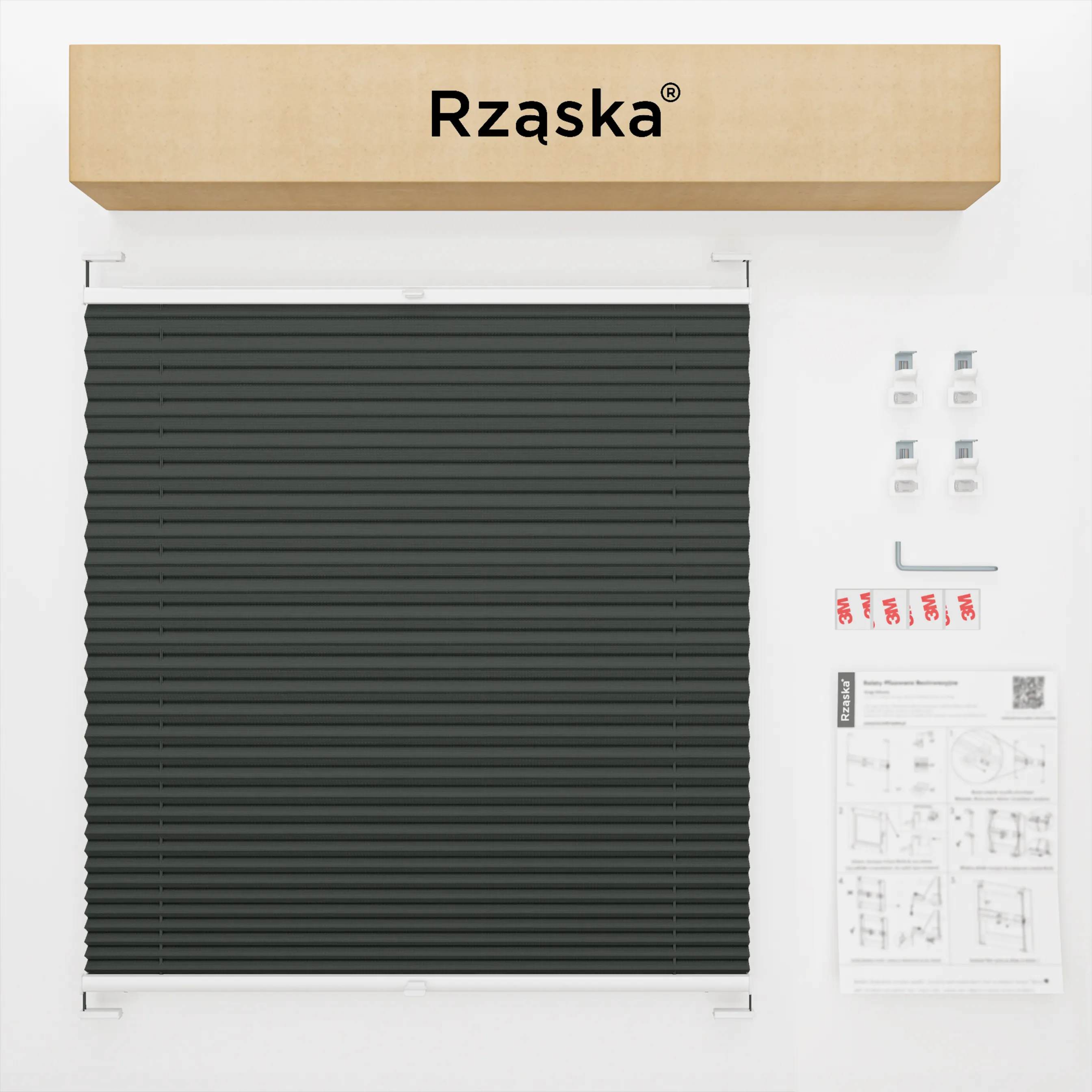 Bezinwazyjne rolety termoizolacyjne Rząska® na wymiar, uchwyty Risinfix do zaciskania na imbus, kolekcja Thermo w kolorze Przed sztormem, szarym z profilem dębowym.