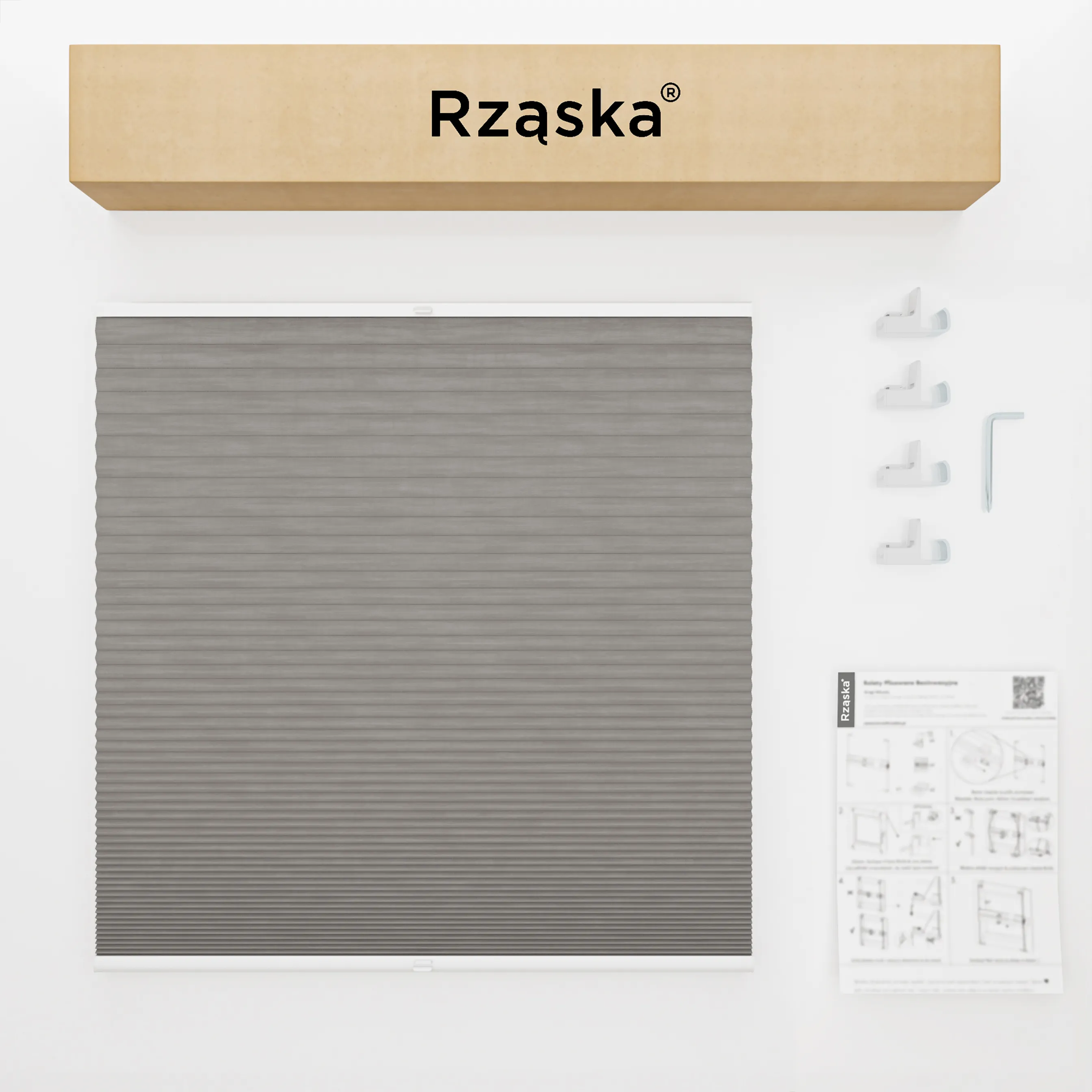 Rząska® bezinwazyjne rolety plisowane na wymiar • Thermo Honeycomb (Plaster Miodu): kolor tkaniny Makowy Pył, ciemnoszary • Risinfix do zaciskania • Kolor profili: brązowy
