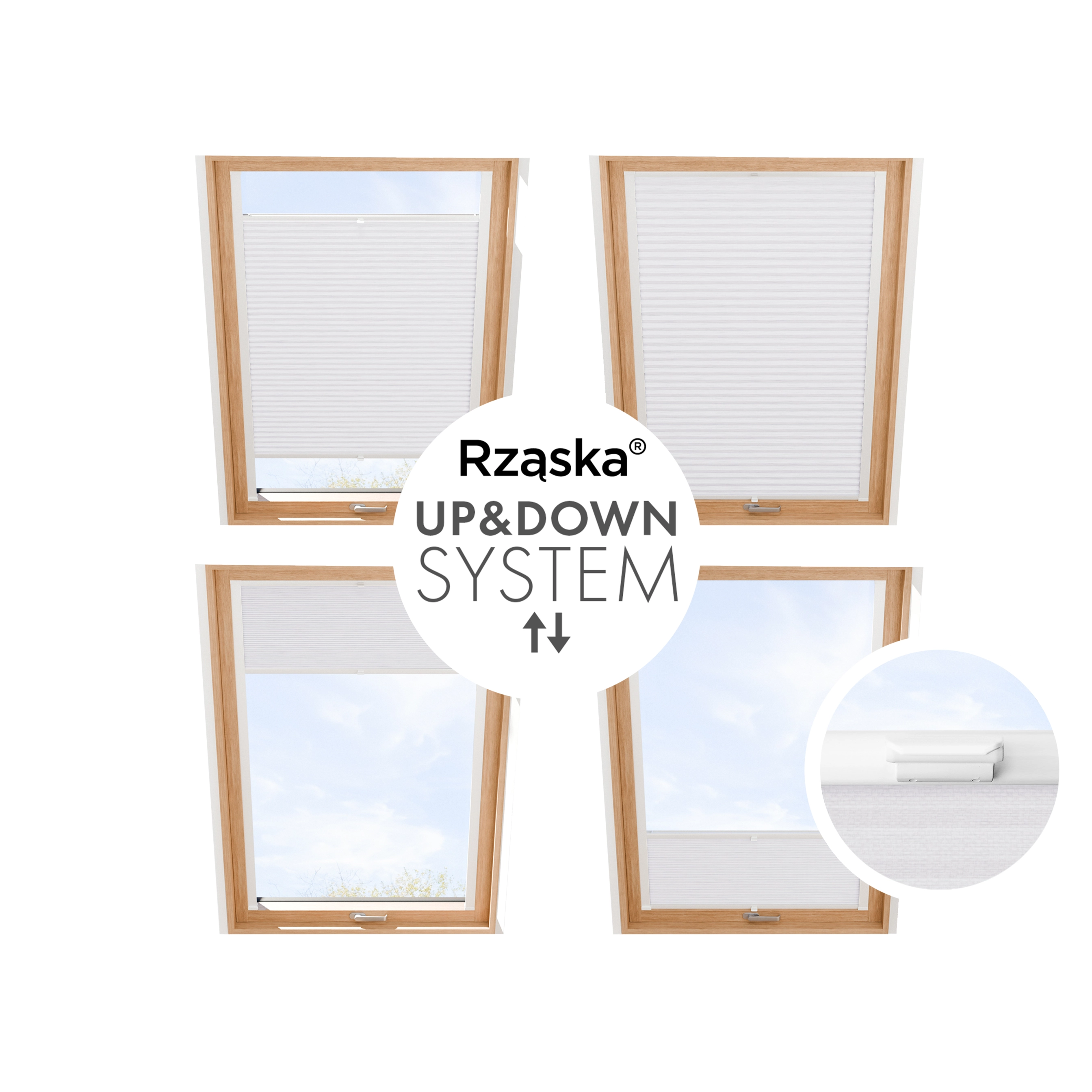 Plisa Rząska® na okno dachowe na wymiar, uchwyty Risinfix do przykręcania, kolekcja Dolomite w kolorze Zimny poranek, szarym z profilem białym.