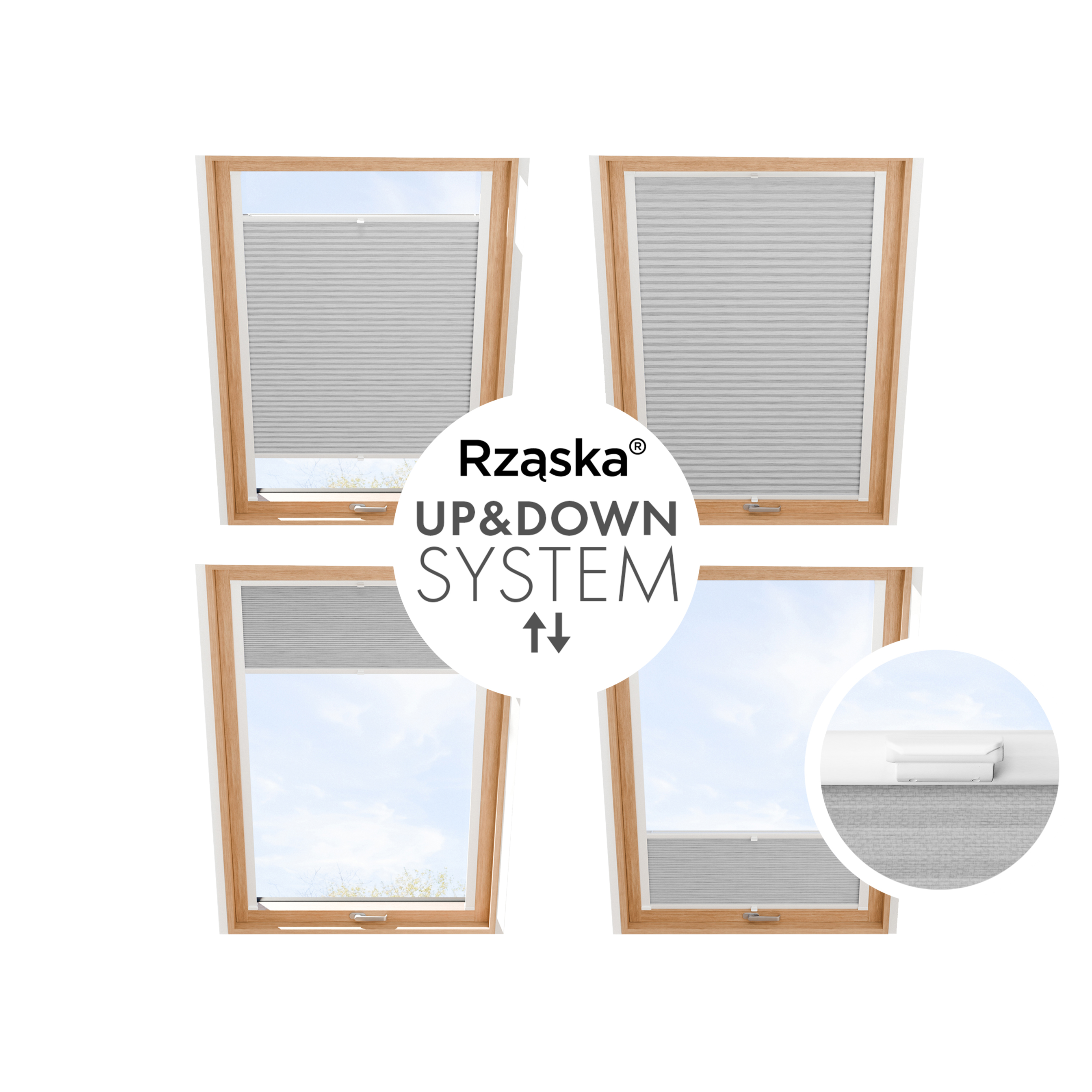 Plisa Rząska® na okno dachowe na wymiar, uchwyty Risinfix do przykręcania, kolekcja Dolomite w kolorze Szary sztorm, szarym z profilem białym.