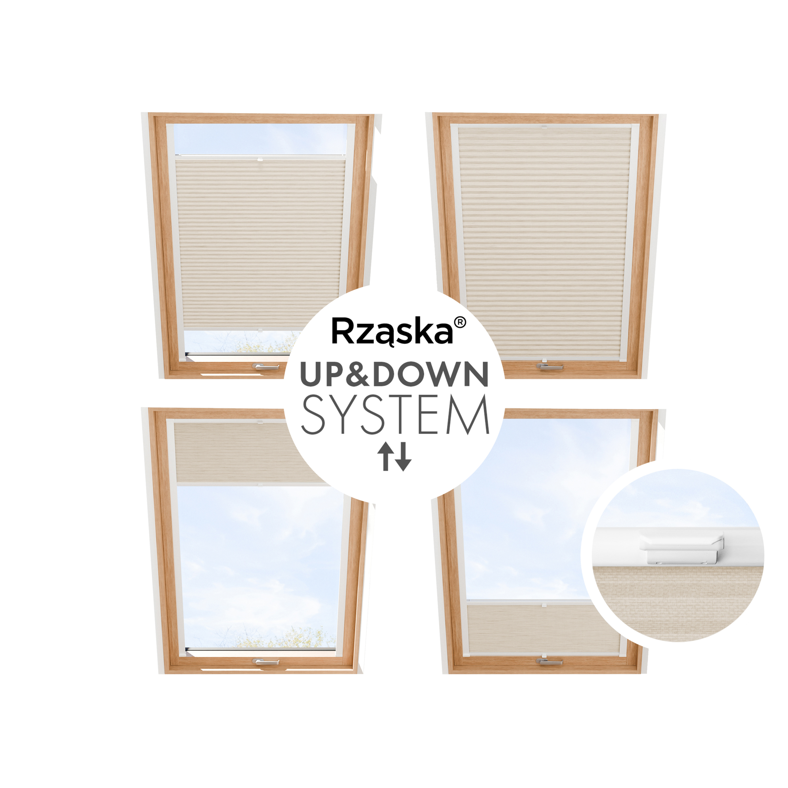 Plisa Rząska® na okno dachowe na wymiar, uchwyty Risinfix do przykręcania, kolekcja Dolomite w kolorze Mokry piasek, beżowym z profilem białym.