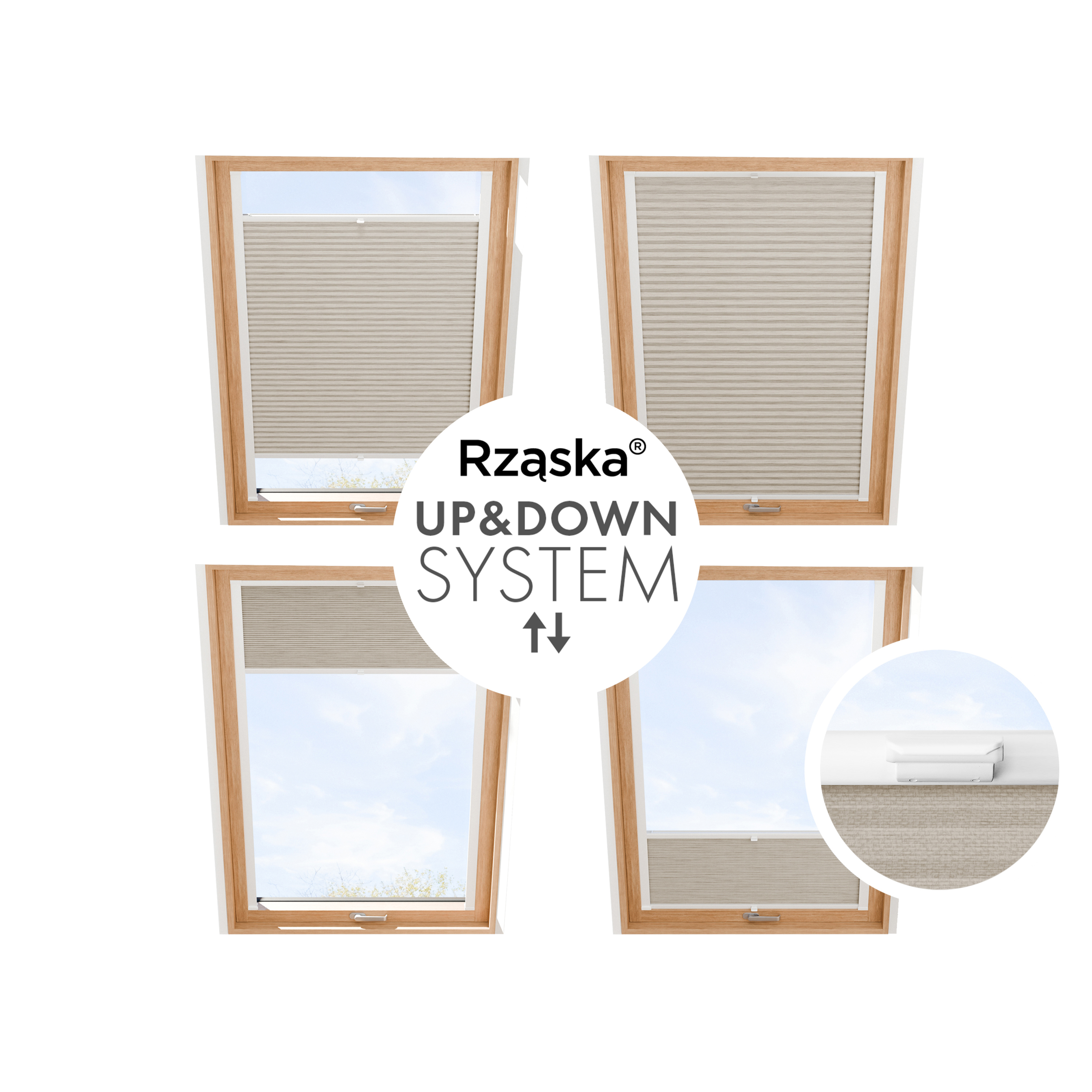 Plisa Rząska® na okno dachowe na wymiar, uchwyty Risinfix do przykręcania, kolekcja Dolomite w kolorze Lekka kawa, beżowym z profilem białym.