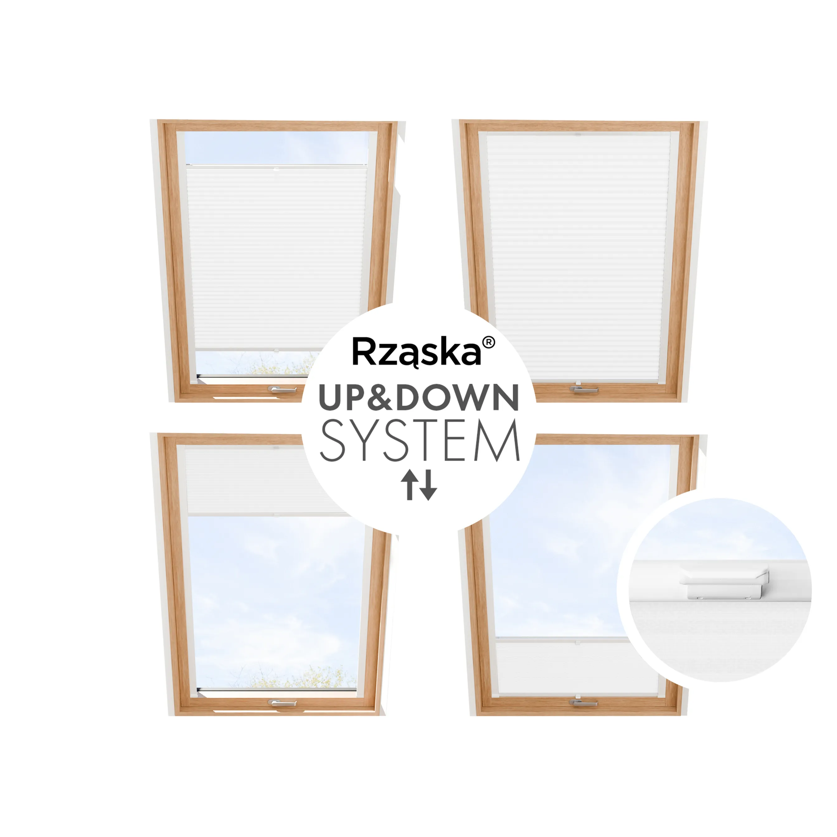 Rząska® Roleta na okno dachowe, uchwyty Risinfix do przykręcania, kolekcja Honeycomb o struktorze plastra miodu w kolorze Światło księżyca, białym z profilem białym.