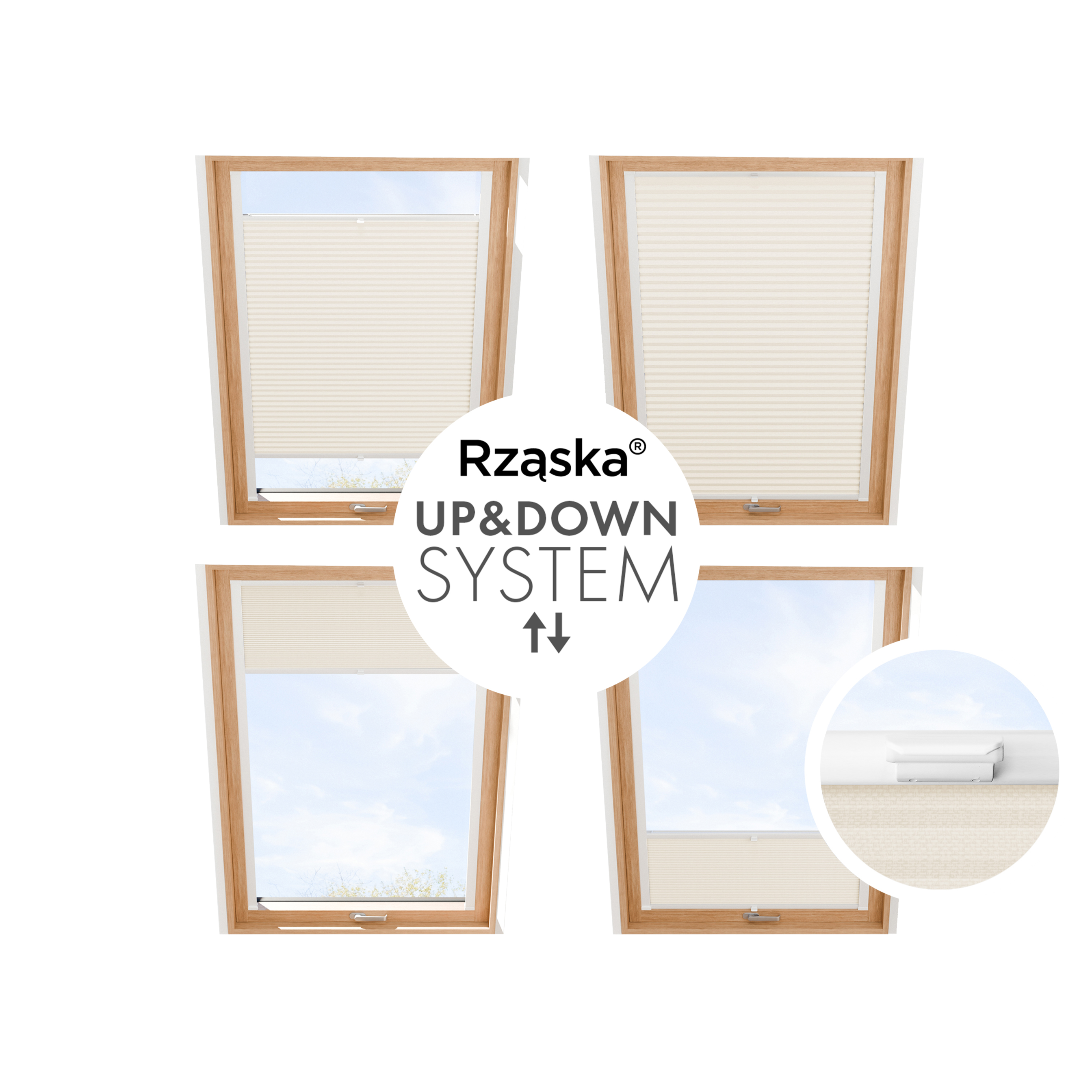 Rząska® Roleta na okno dachowe, uchwyty Risinfix do przykręcania, kolekcja Honeycomb o struktorze plastra miodu w kolorze Spokojne wybrzeże, beżowym z profilem białym.