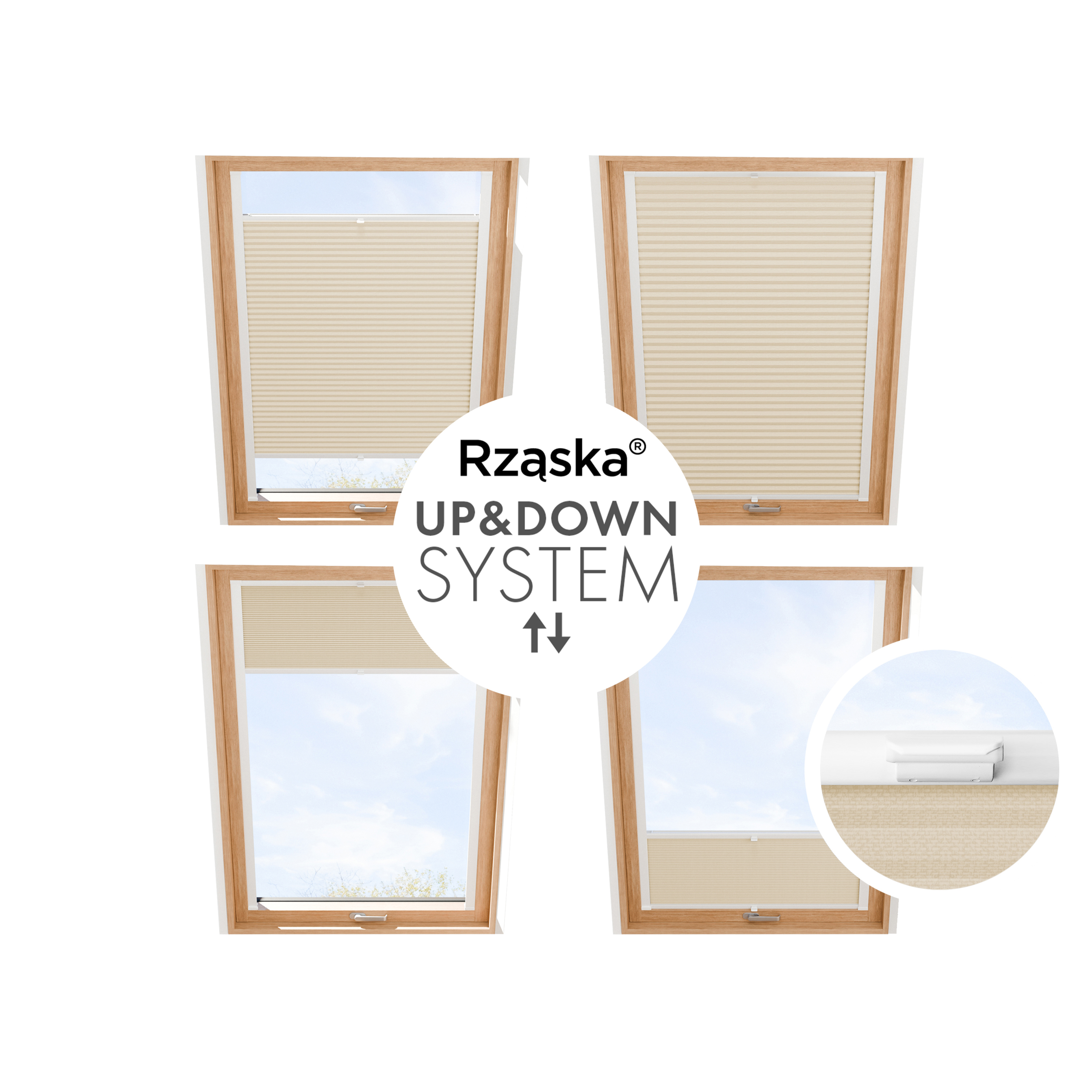 Rząska® Roleta na okno dachowe, uchwyty Risinfix do przykręcania, kolekcja Honeycomb o struktorze plastra miodu w kolorze Wydma, beżowym z profilem brązowym.