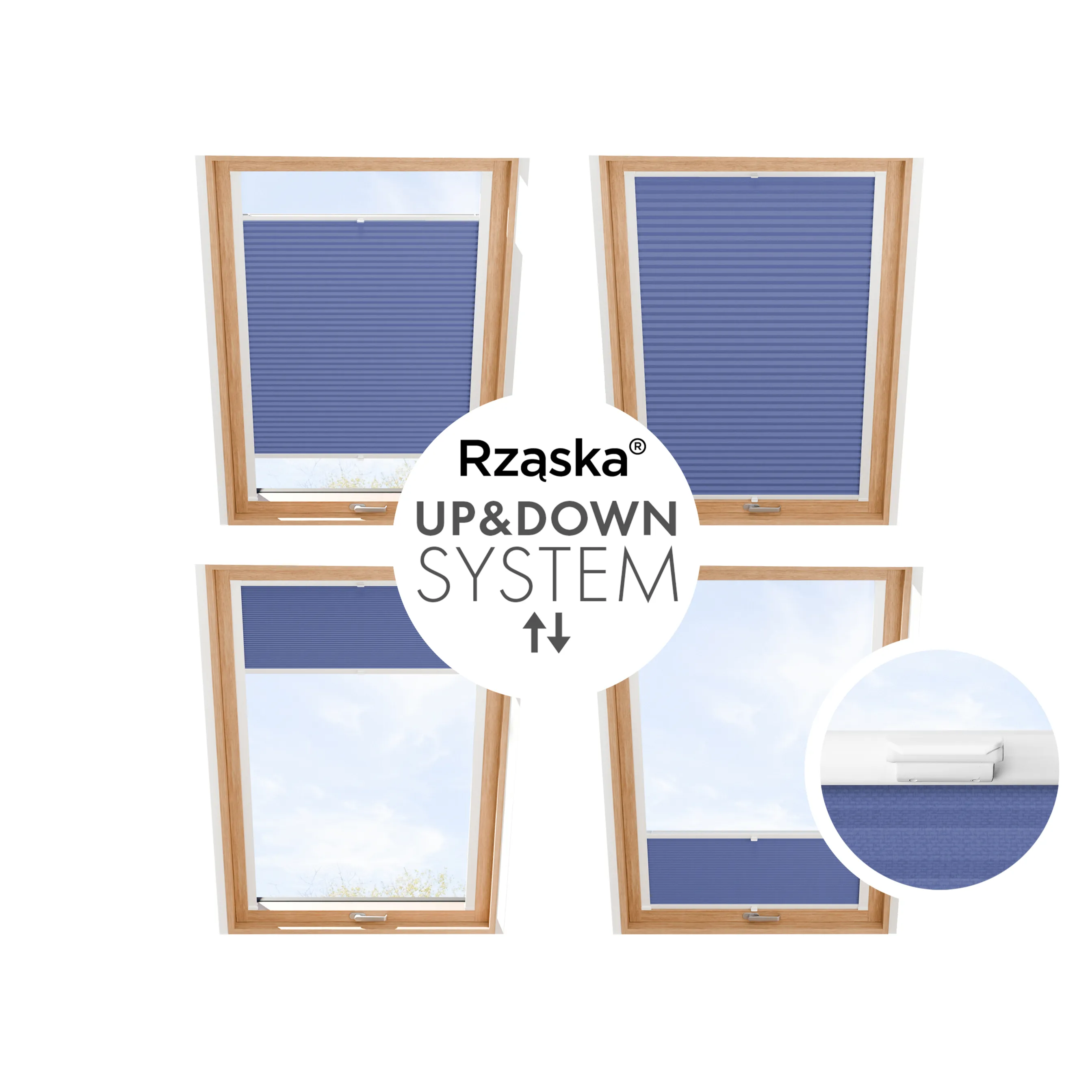 Rząska® Roleta na okno dachowe, uchwyty Risinfix do przykręcania, kolekcja Honeycomb o struktorze plastra miodu w kolorze Linia horyzontu, niebieskim z profilem białym.