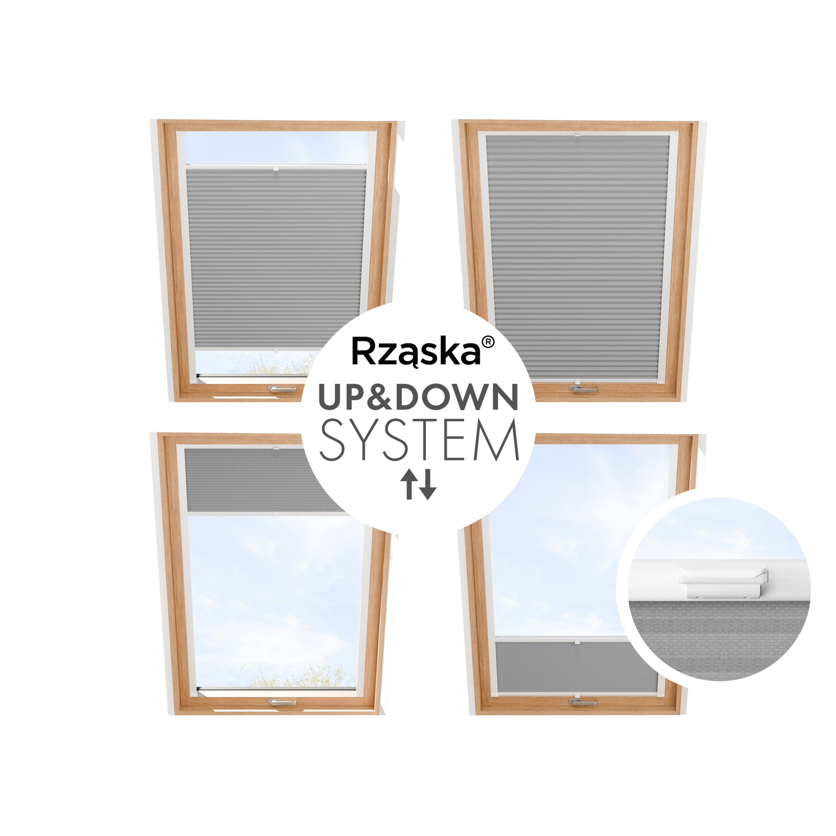 Rząska® Roleta na okno dachowe, uchwyty Risinfix do przykręcania, kolekcja Honeycomb o struktorze plastra miodu w kolorze Srebrna mgiełka, szarym z profilem srebrnym.