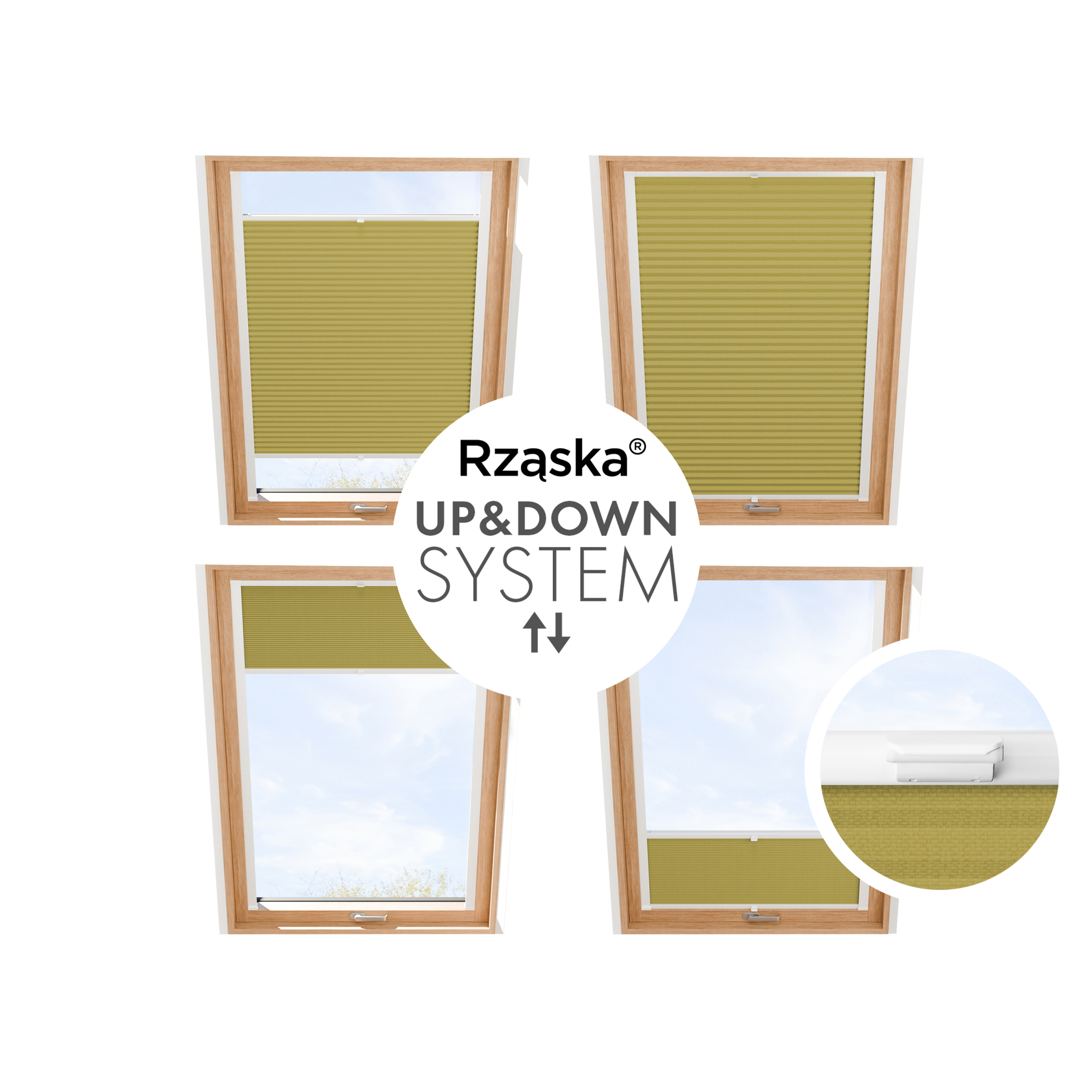 Rząska® Roleta na okno dachowe, uchwyty Risinfix do przykręcania, kolekcja Honeycomb o struktorze plastra miodu w kolorze Gałązka oliwna, żółtym z profilem białym.