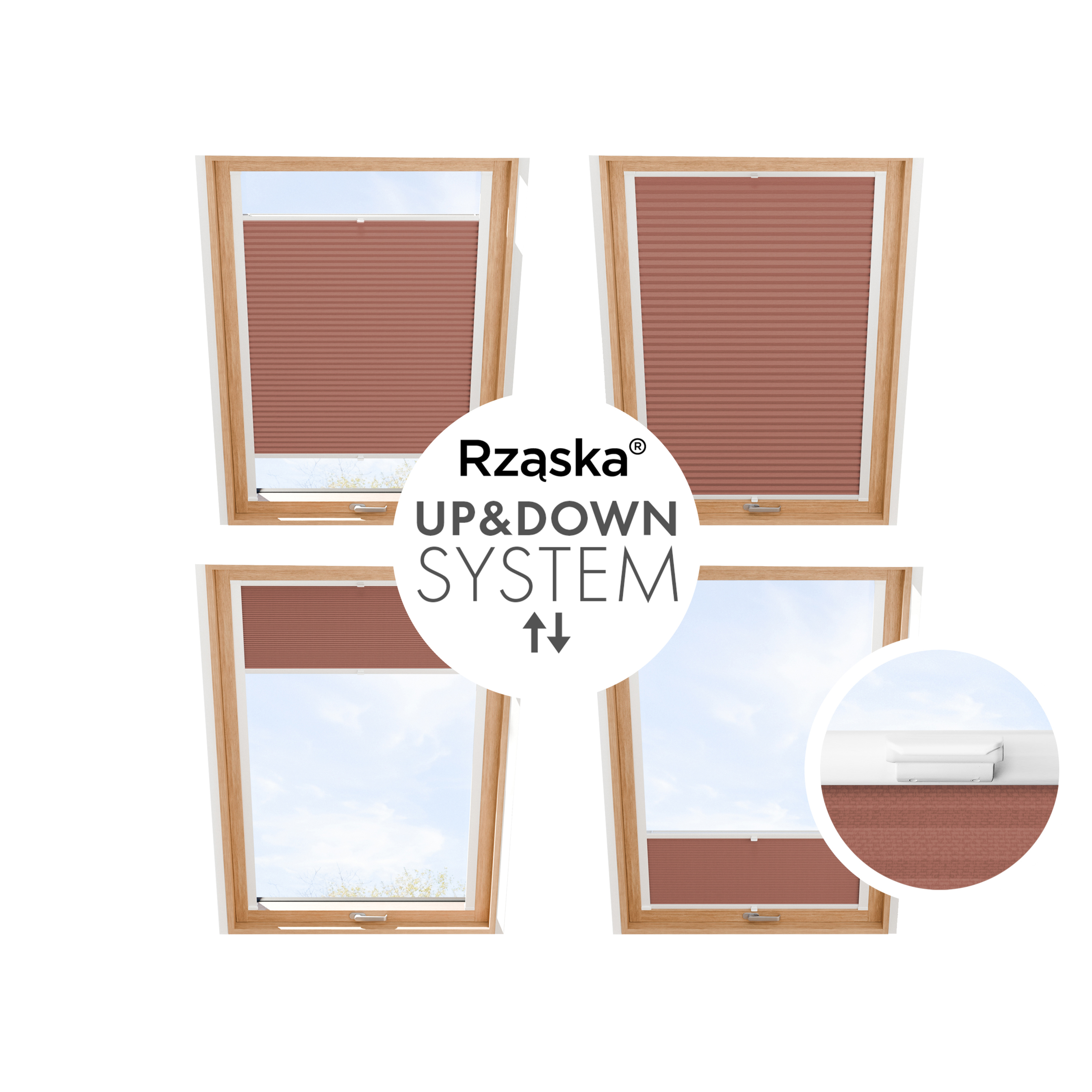 Rząska® Roleta na okno dachowe, uchwyty Risinfix do przykręcania, kolekcja Honeycomb o struktorze plastra miodu w kolorze Płatek maku, czerwonym z profilem białym.