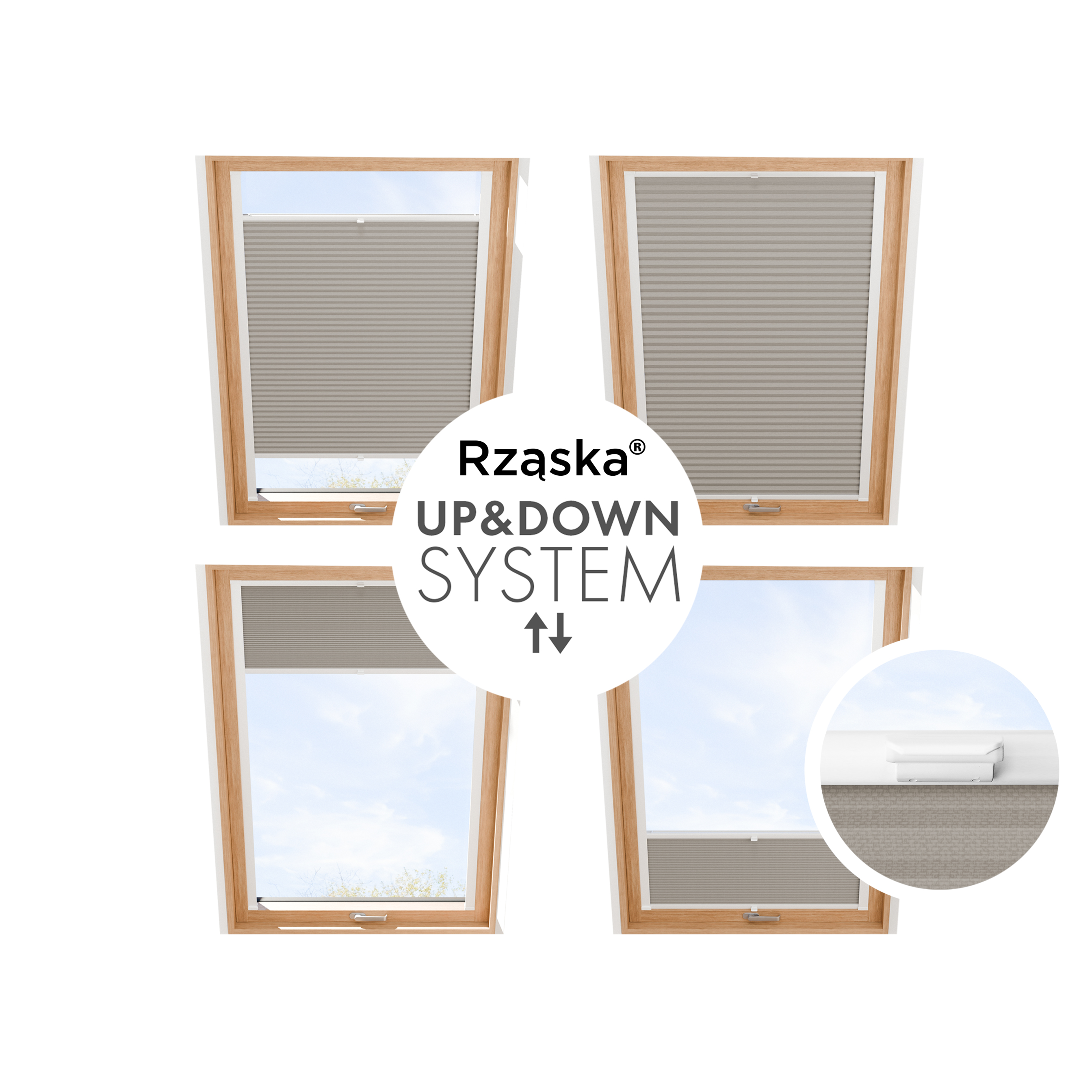 Rząska® Roleta na okno dachowe, uchwyty Risinfix do przykręcania, kolekcja Honeycomb o struktorze plastra miodu w kolorze Szary Dotyk, pastelowym szarym z profilem białym.