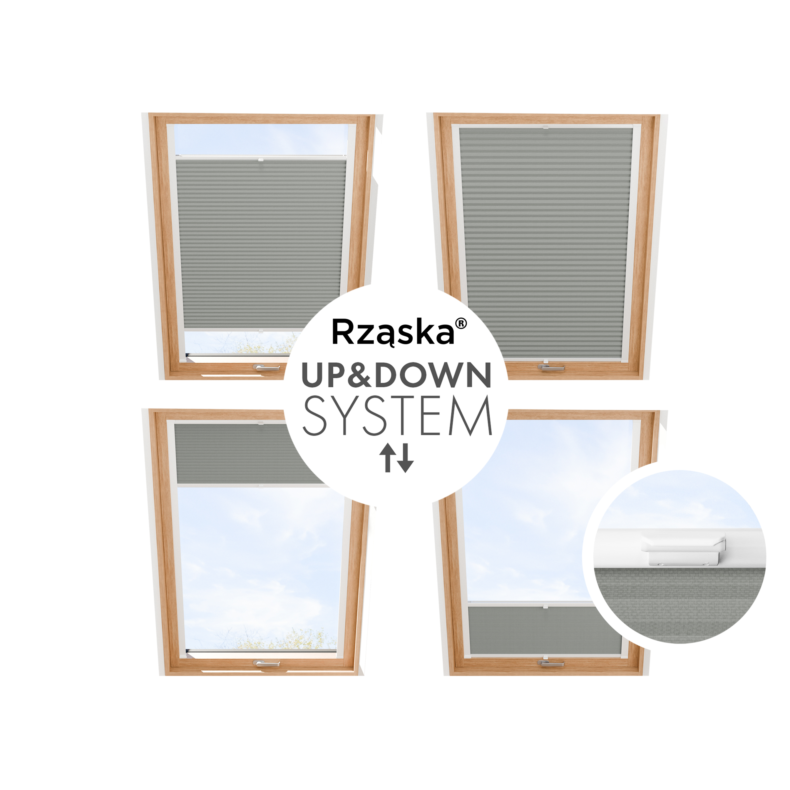 Rząska® Roleta na okno dachowe, uchwyty Risinfix do przykręcania, kolekcja Honeycomb o struktorze plastra miodu w kolorze Szept Poranka, jasnoszarym z profilem białym.