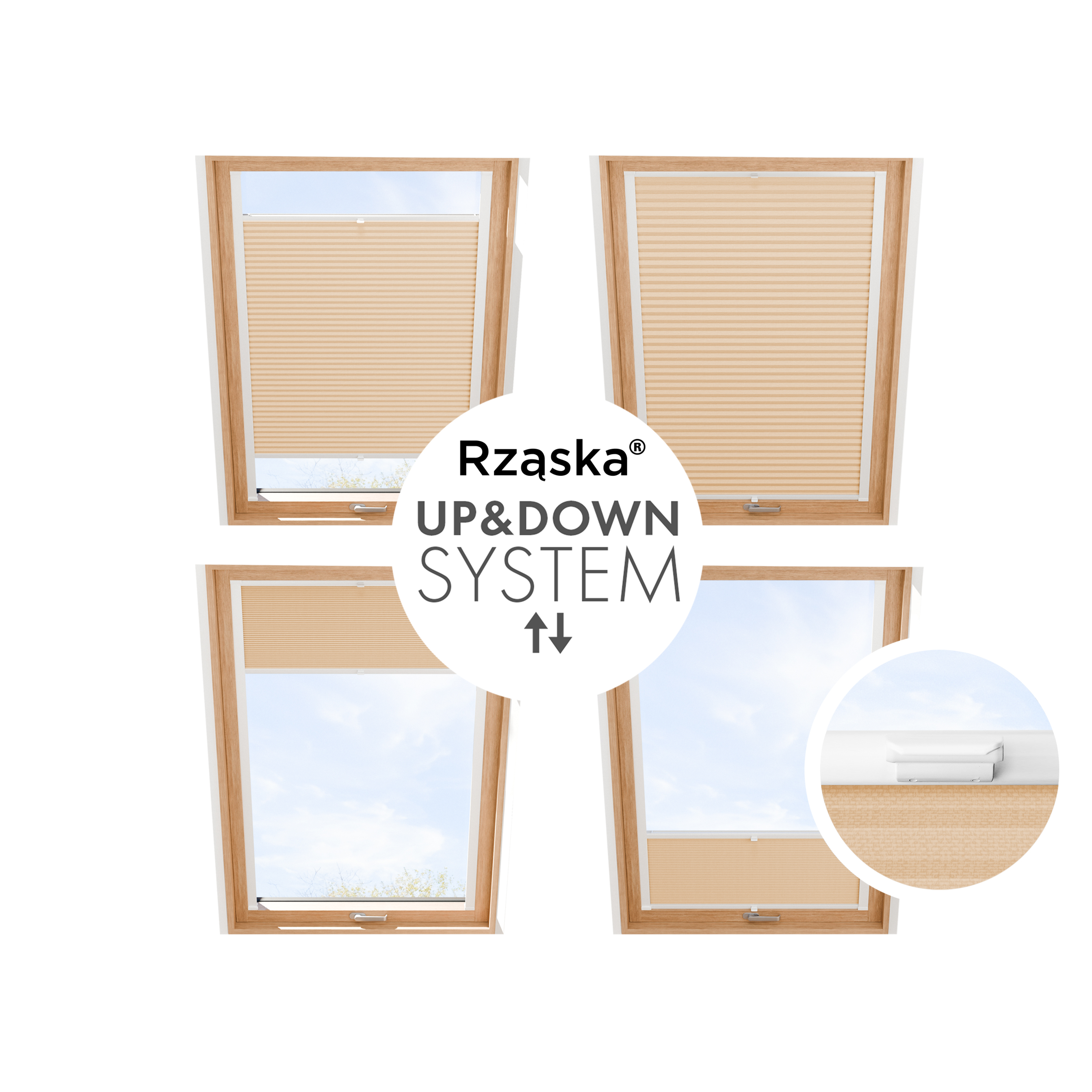 Rząska® Roleta na okno dachowe, uchwyty Risinfix do przykręcania, kolekcja Honeycomb o struktorze plastra miodu w kolorze Pustynne Światło, piaskowym z profilem białym.