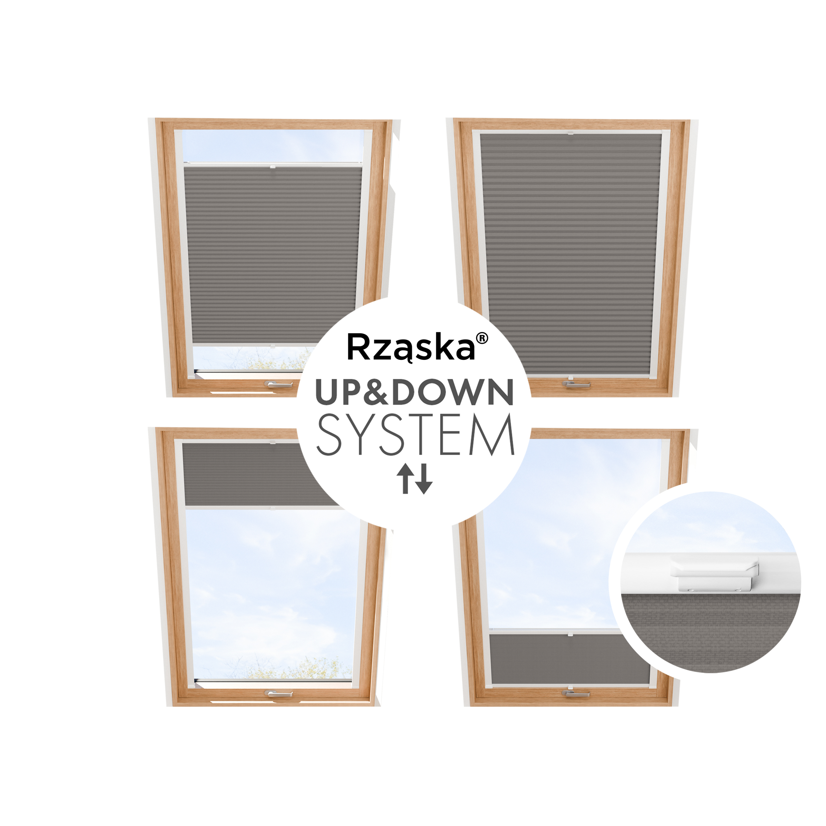 Rząska® Roleta na okno dachowe, uchwyty Risinfix do przykręcania, kolekcja Honeycomb o struktorze plastra miodu w kolorze Szwajcarska czekolada, szarobrązowym z profilem białym.