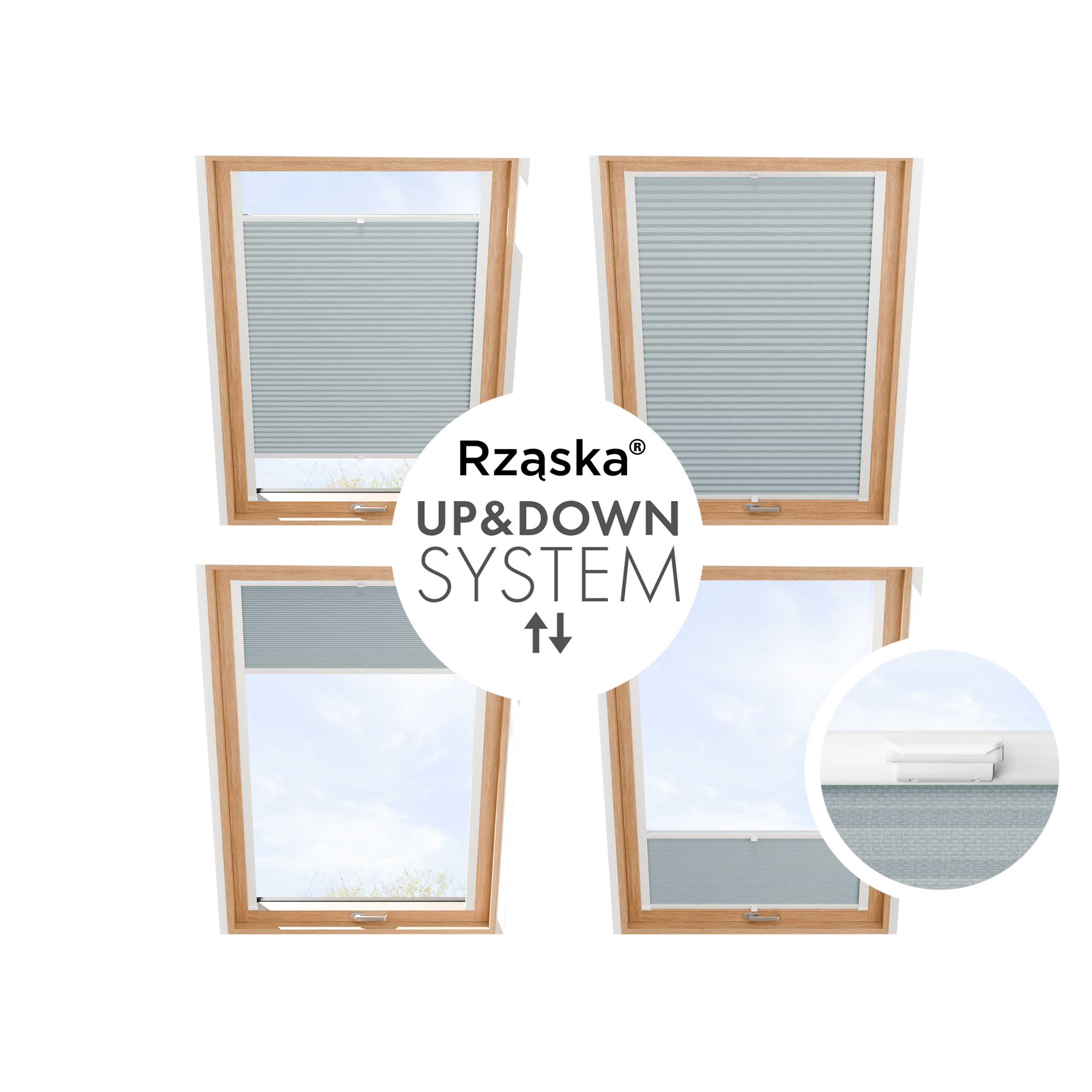 Rząska® Roleta na okno dachowe, uchwyty Risinfix do przykręcania, kolekcja Honeycomb o struktorze plastra miodu w kolorze Siódme niebo, pastelowy błękit z profilem białym.