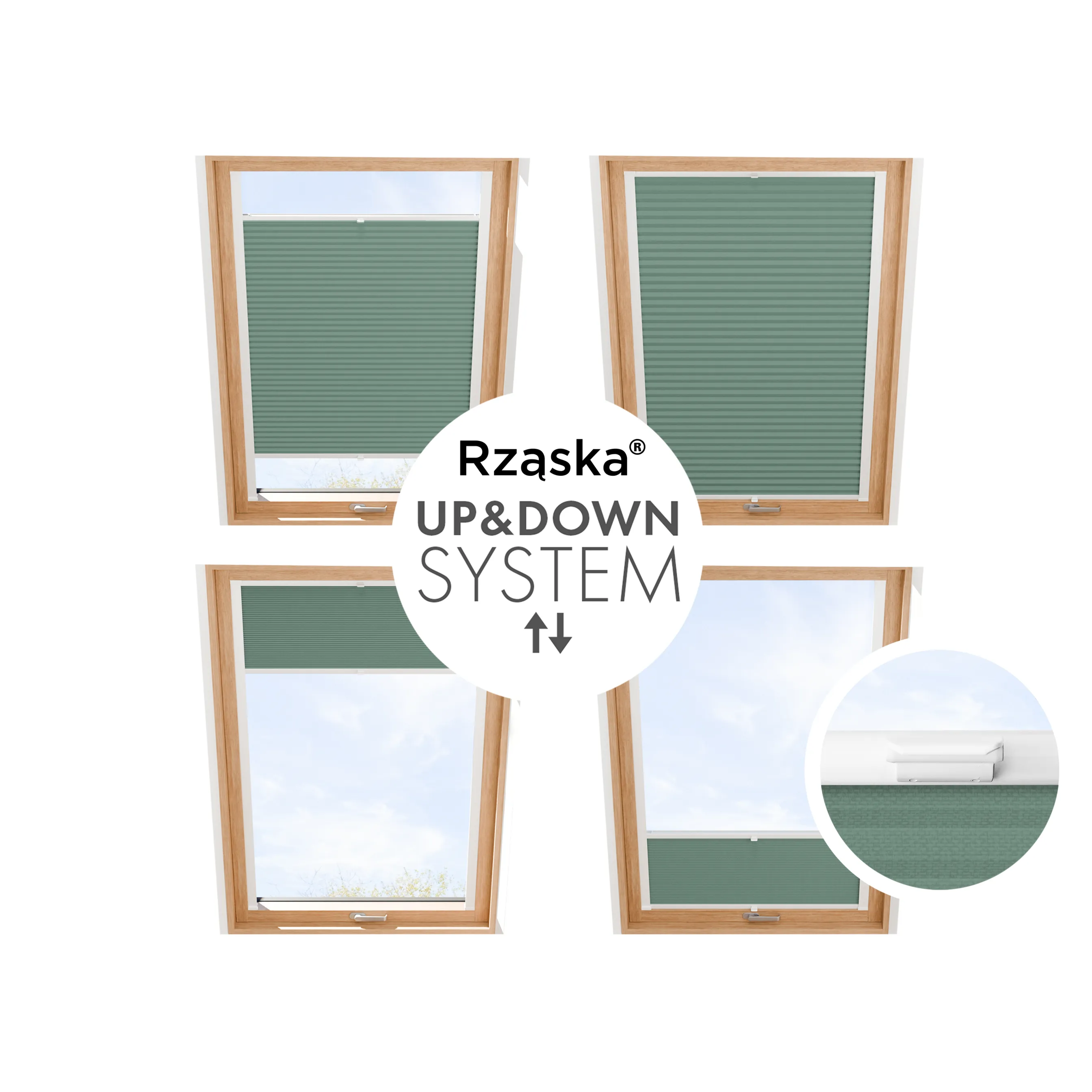 Rząska® Roleta na okno dachowe, uchwyty Risinfix do przykręcania, kolekcja Honeycomb o struktorze plastra miodu w kolorze Królestwo Oz, jasnozielonym z profilem białym.