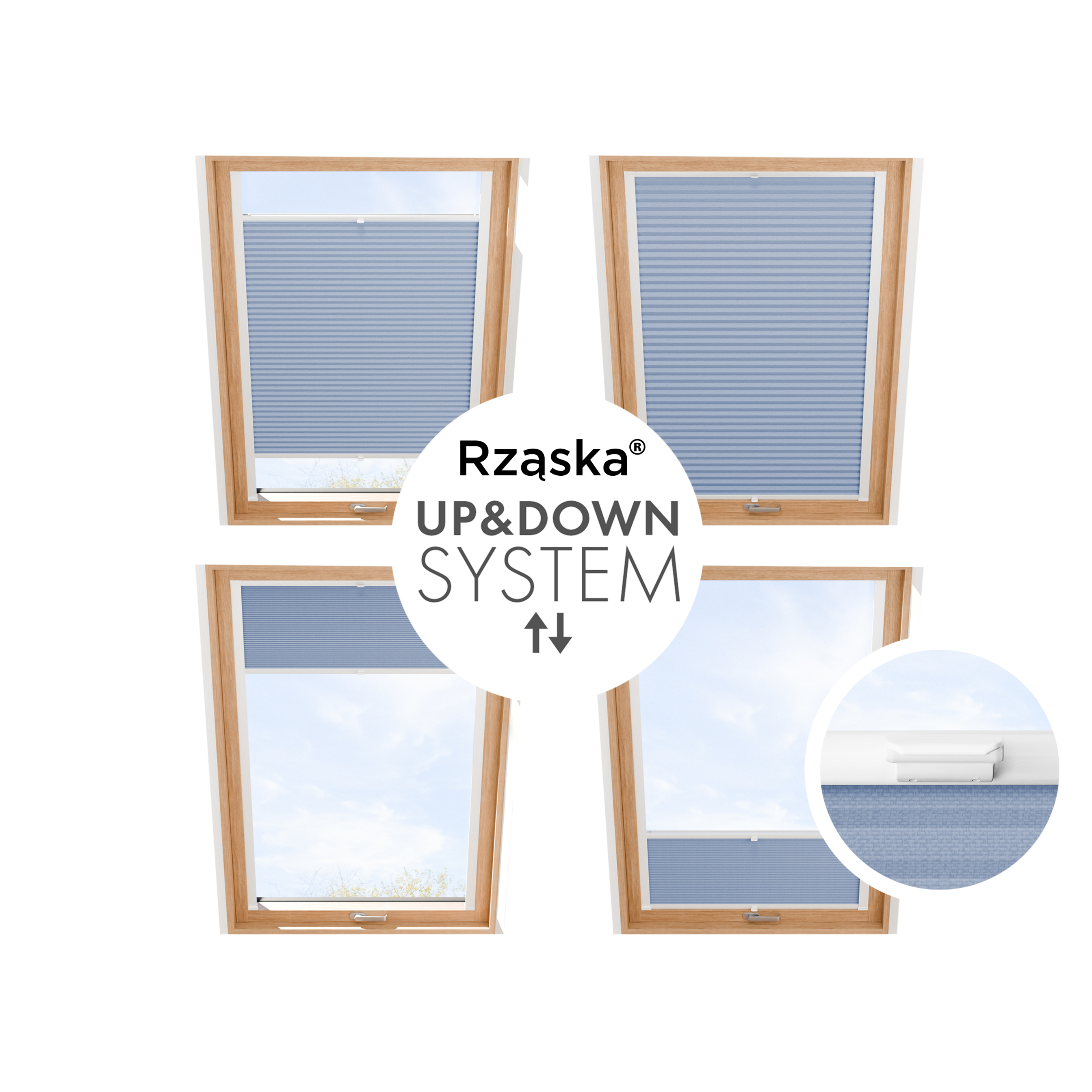 Rząska® Roleta na okno dachowe, uchwyty Risinfix do przykręcania, kolekcja Honeycomb o struktorze plastra miodu w kolorze Lodowy Ocean, jasnoniebieskim z profilem antracytowym.