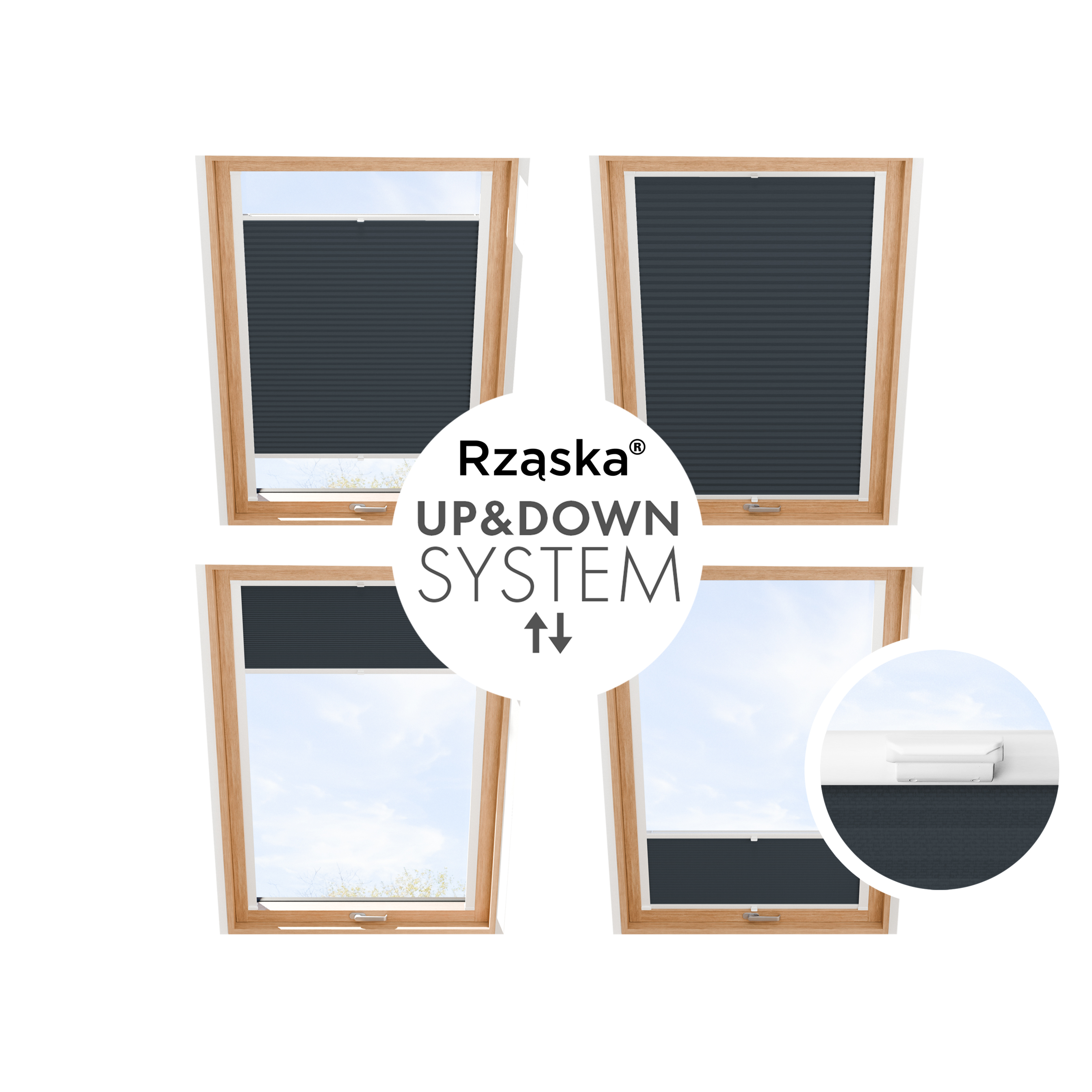 Rząska® Roleta na okno dachowe, uchwyty Risinfix do przykręcania, kolekcja Honeycomb o struktorze plastra miodu w kolorze Popiół Północy, antracytowym z profilem białym.