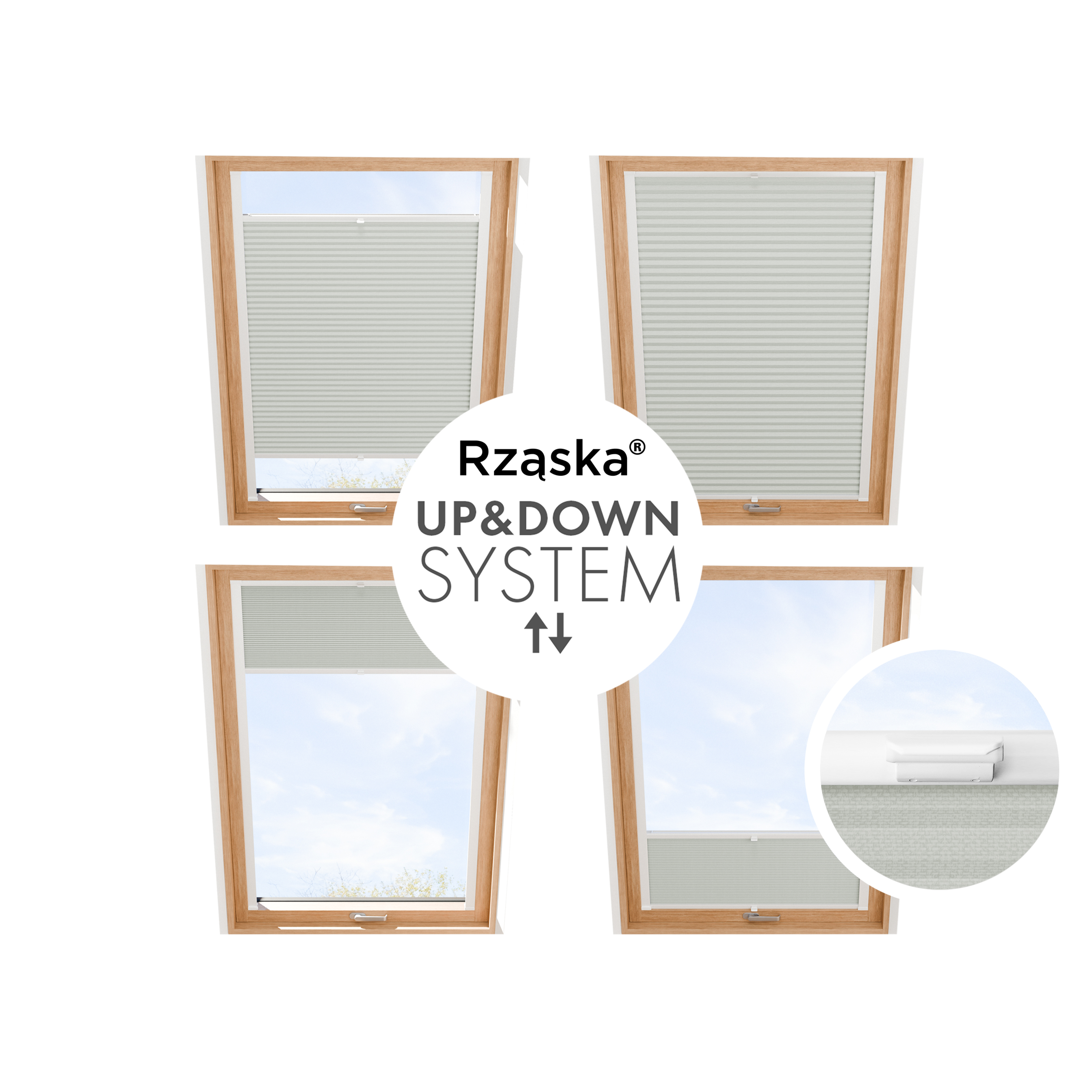 Rząska® Roleta na okno dachowe, uchwyty Risinfix do przykręcania, kolekcja Honeycomb o struktorze plastra miodu w kolorze Dzwoneczkowy Pył, pastelowa zieleń z profilem białym.