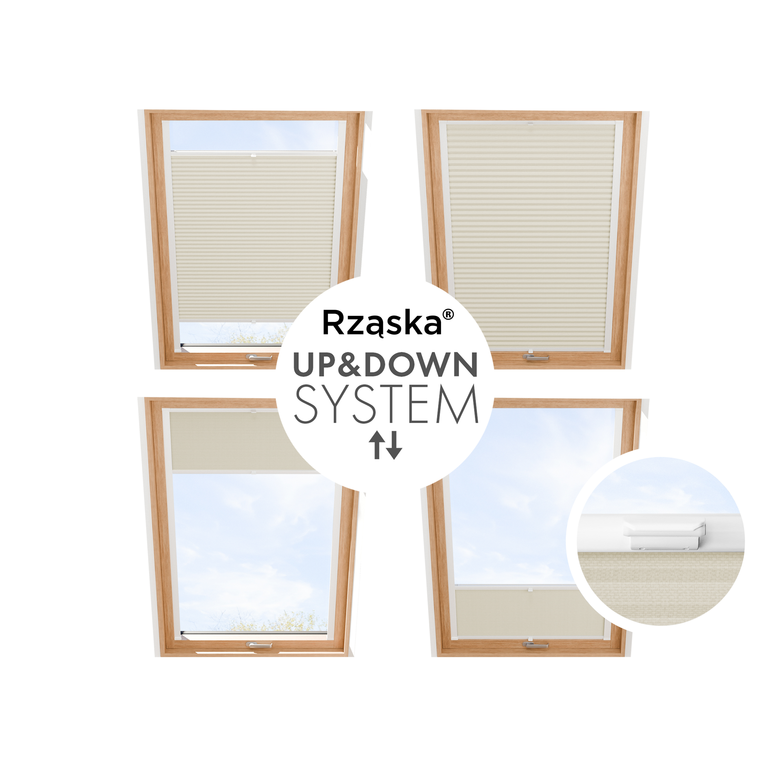 Rząska® Roleta na okno dachowe, uchwyty Risinfix do przykręcania, kolekcja Honeycomb o struktorze plastra miodu w kolorze Belgijskie Gofry, kremowy z profilem białym.