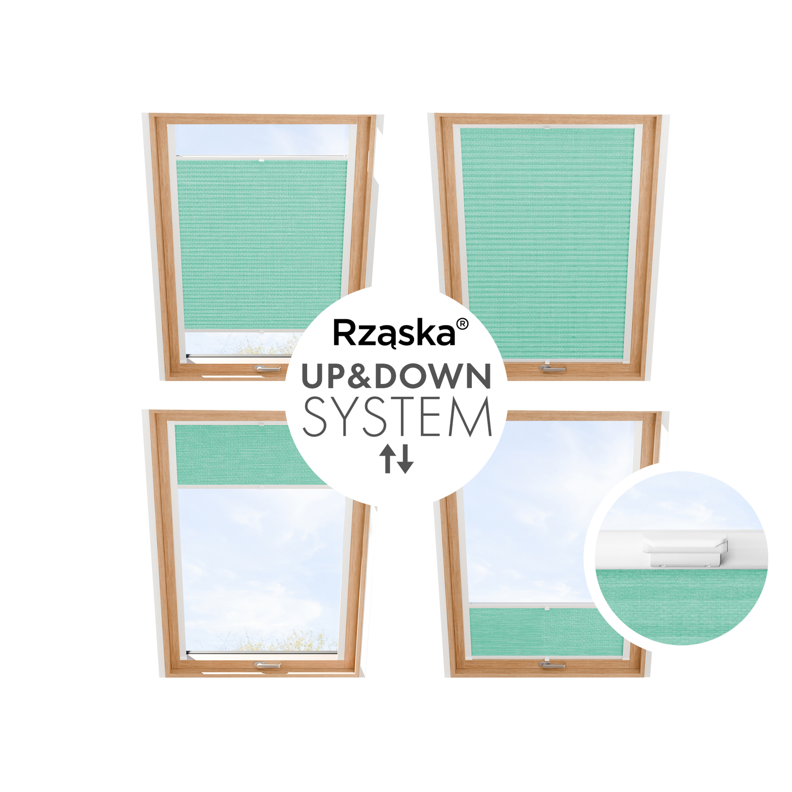 Plisa dachowa Rząska® z prowadnicami na wymiar, uchwyty Risinfix do przykręcania, kolekcja Melange w kolorze Miętowe lody, zielonym z profilem srebrnym.