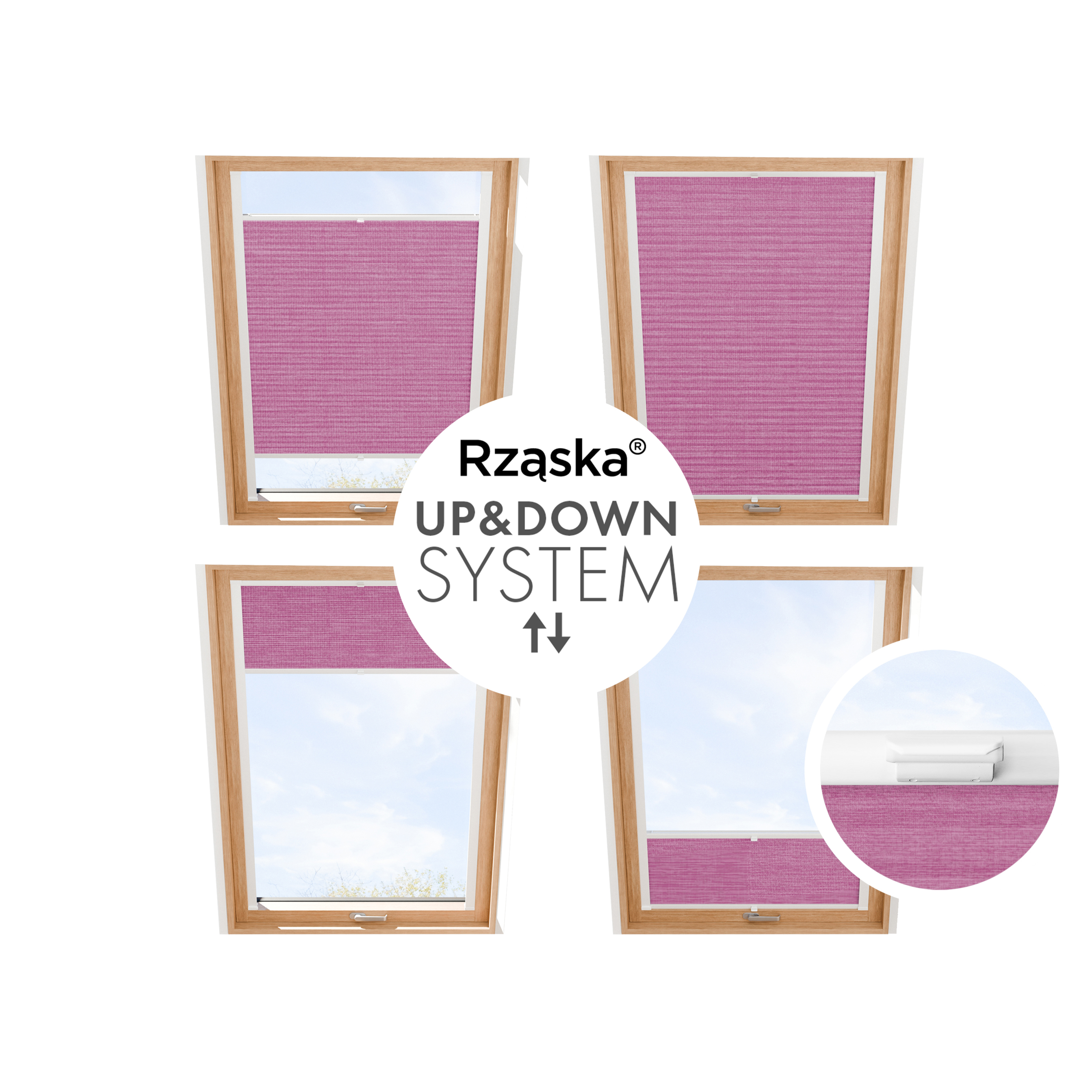 Plisa dachowa Rząska® z prowadnicami na wymiar, uchwyty Risinfix do przykręcania, kolekcja Melange w kolorze Magiczny róż, różowym z profilem białym.