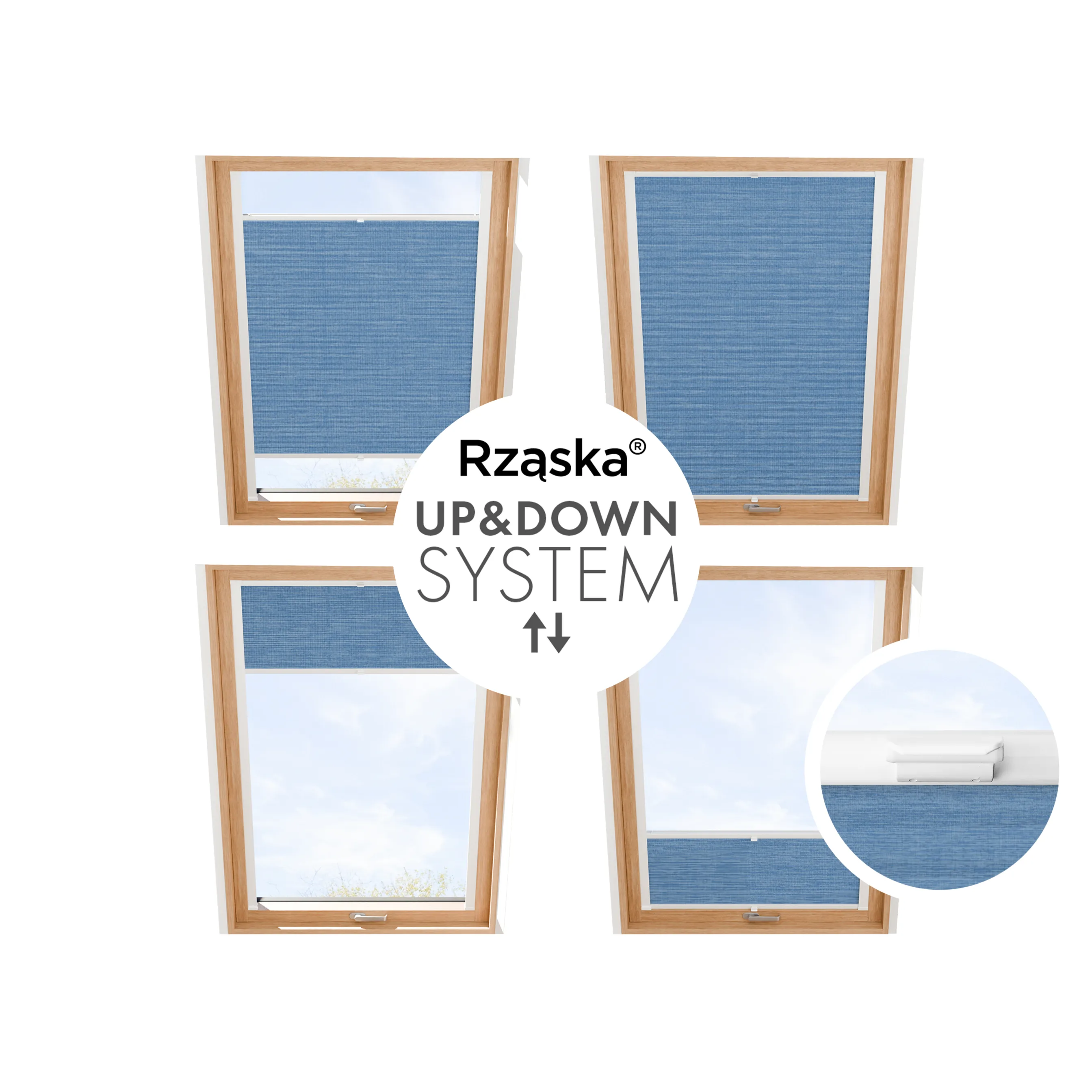 Plisa dachowa Rząska® z prowadnicami na wymiar, uchwyty Risinfix do przykręcania, kolekcja Melange w kolorze Głębokie morze, niebieskim z profilem białym.