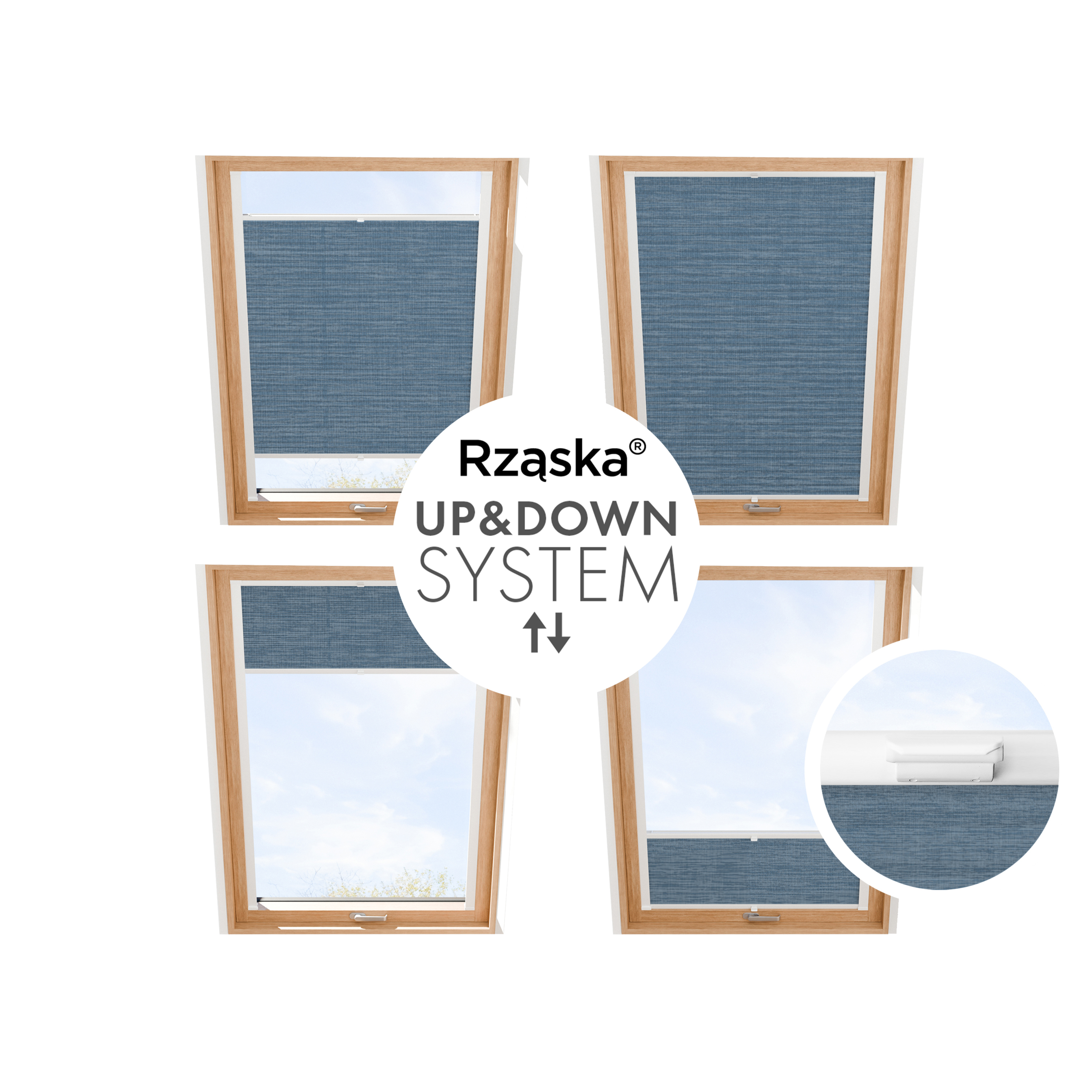 Plisa dachowa Rząska® z prowadnicami na wymiar, uchwyty Risinfix do przykręcania, kolekcja Melange w kolorze Podczas desczu, niebieskim z profilem białym.