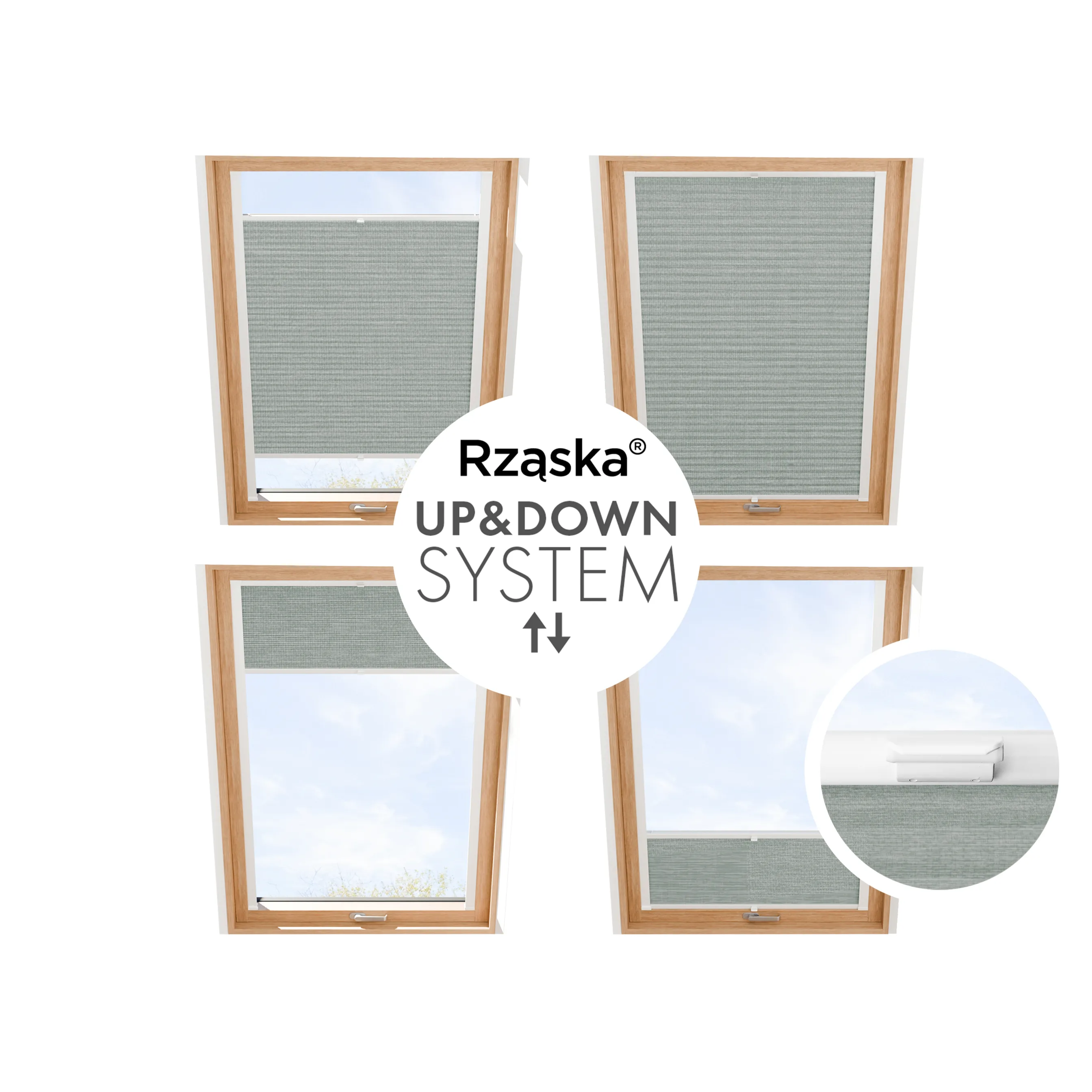 Plisa dachowa Rząska® z prowadnicami na wymiar, uchwyty Risinfix do przykręcania, kolekcja Melange w kolorze W drodze, szarym z profilem białym.