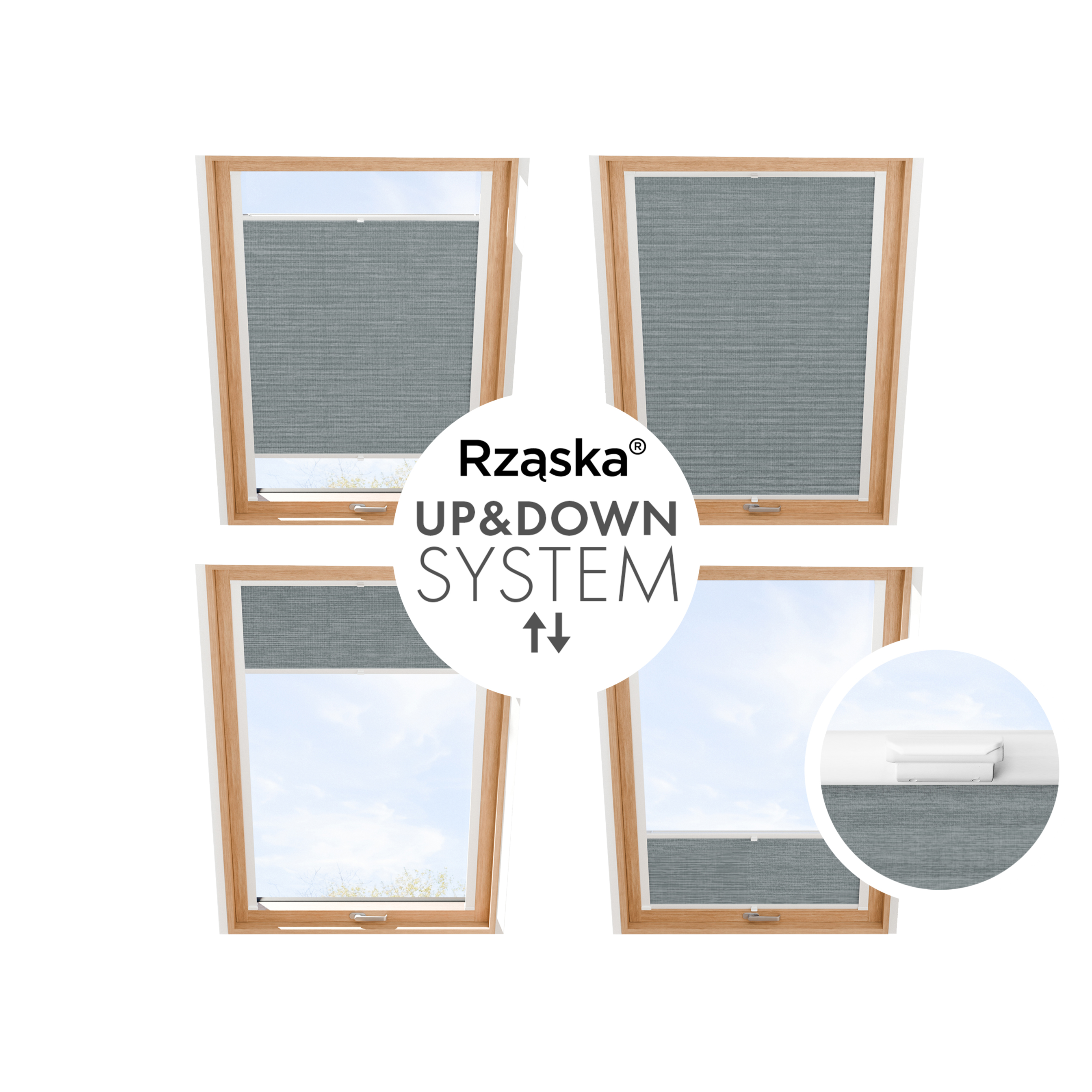 Plisa dachowa Rząska® z prowadnicami na wymiar, uchwyty Risinfix do przykręcania, kolekcja Melange w kolorze Góry skaliste, szarym z profilem białym.