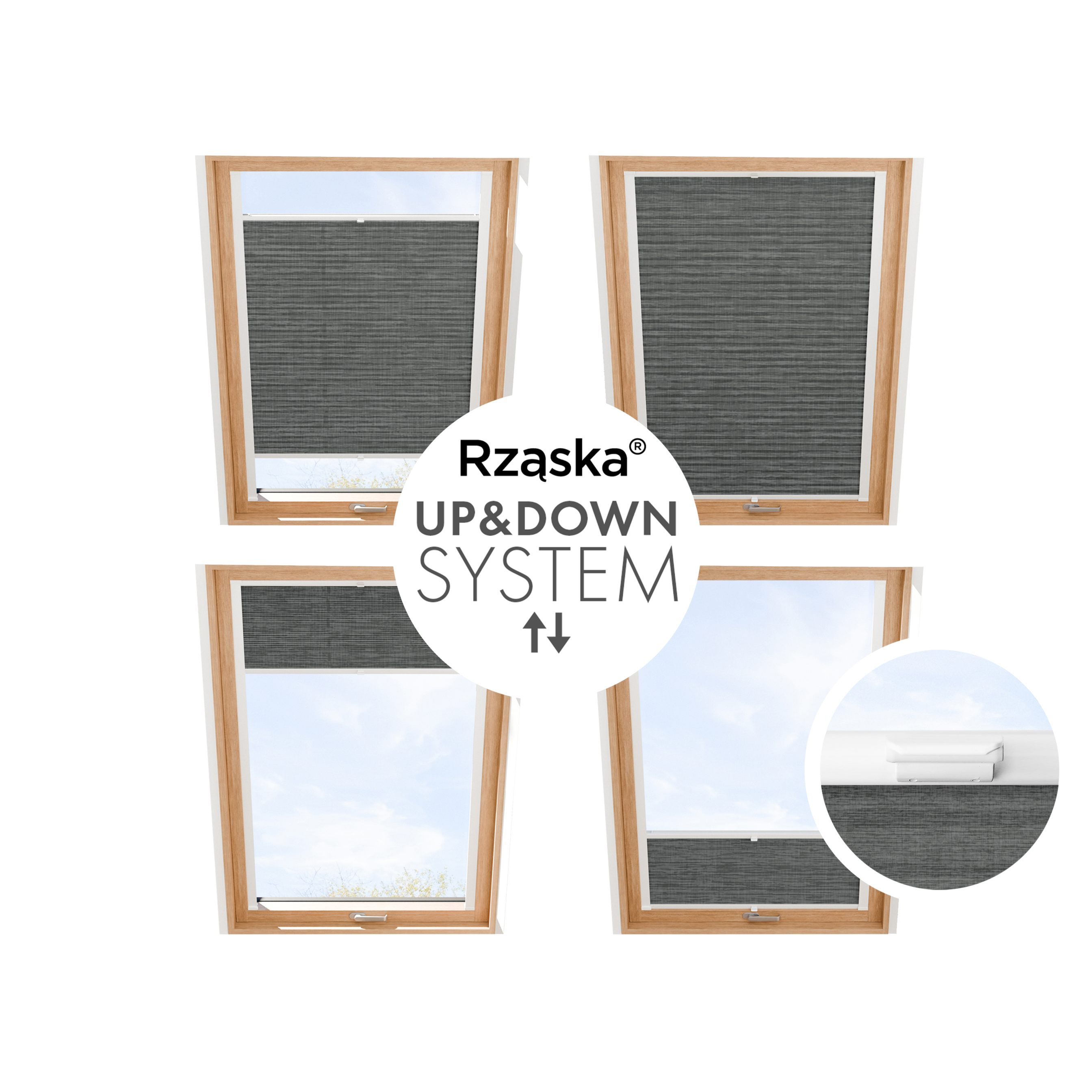 Plisa dachowa Rząska® z prowadnicami na wymiar, uchwyty Risinfix do przykręcania, kolekcja Melange w kolorze Czarna perła, czarnym z profilem białym.