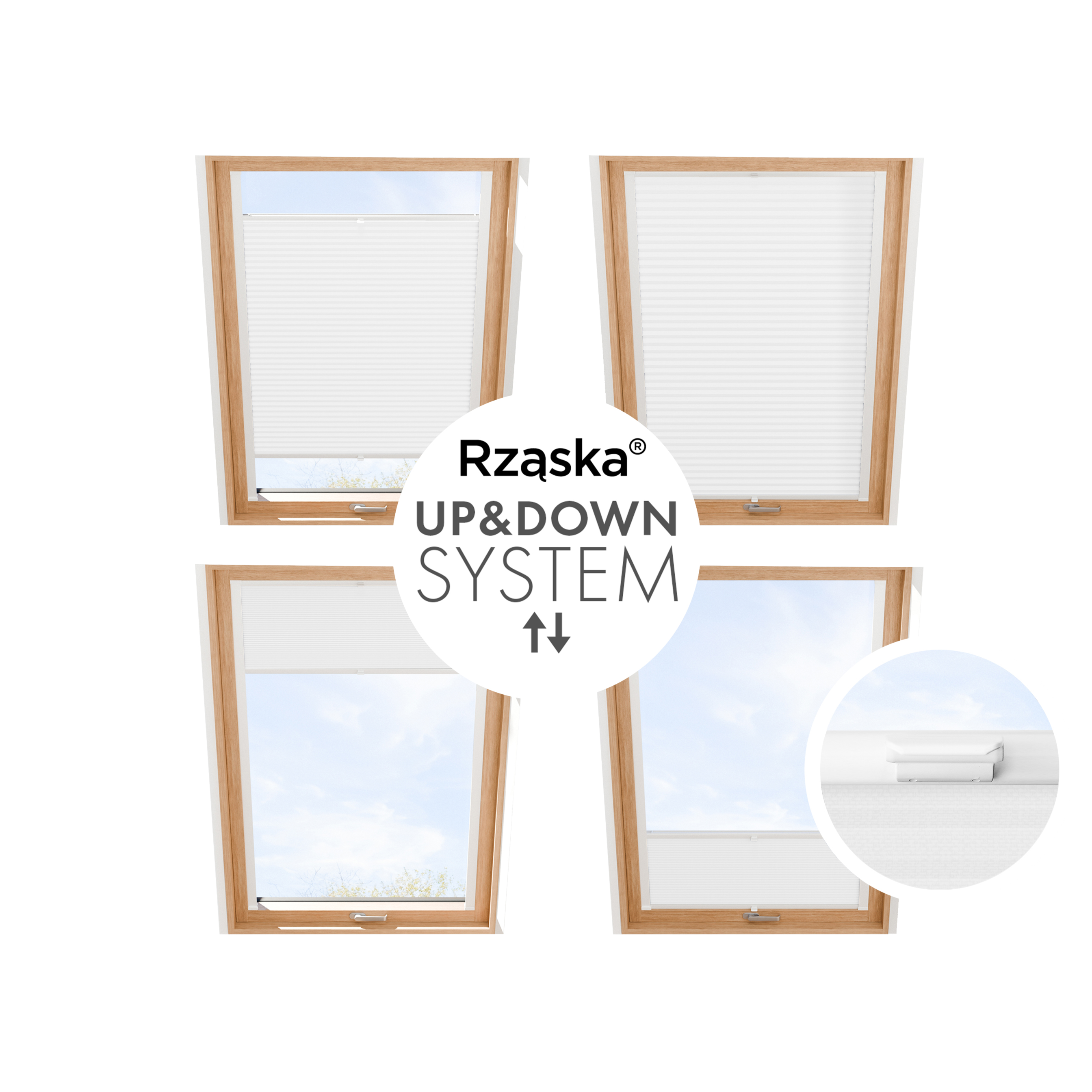 Roleta plisowana dachowa Rząska® na wymiar, uchwyty Risinfix do przykręcania, kolekcja Premium w kolorze Białe święto, białym z profilem brązowym.