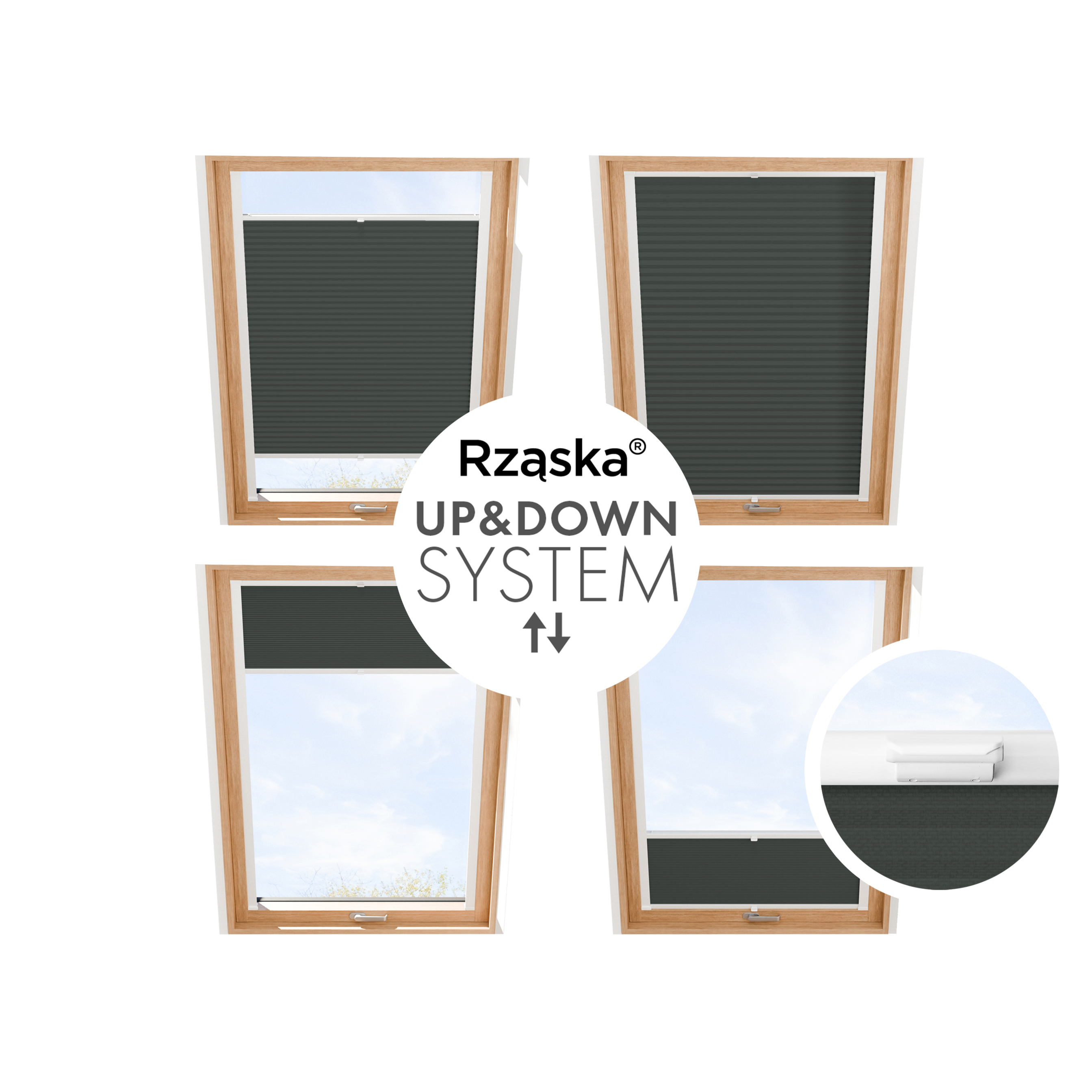 Roleta plisowana dachowa Rząska® na wymiar, uchwyty Risinfix do przykręcania, kolekcja Premium w kolorze Góry skalne, grafitowym z profilem białym.