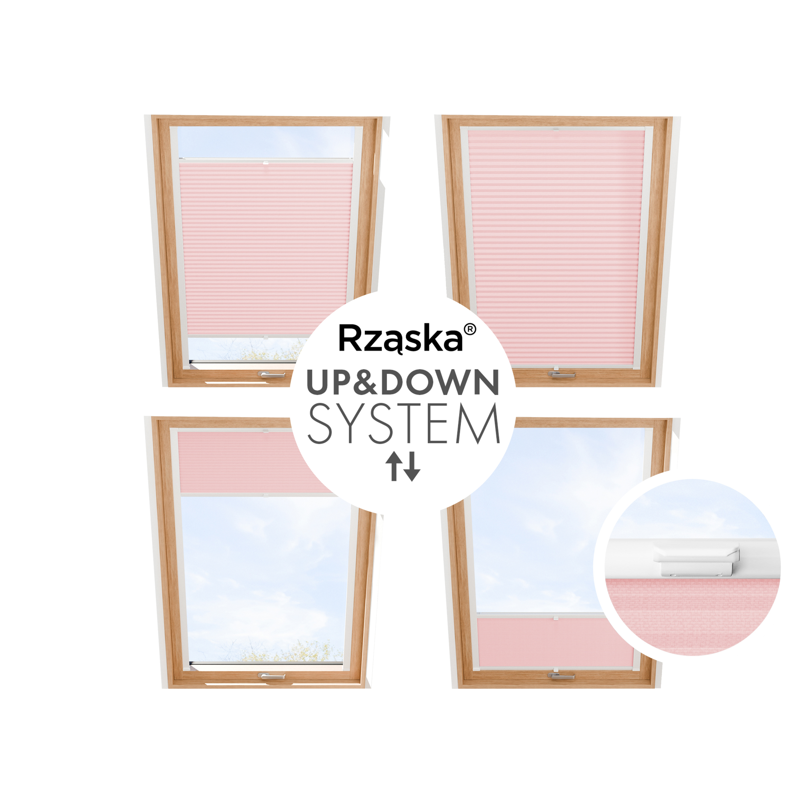 Roleta plisowana dachowa Rząska® na wymiar, uchwyty Risinfix do przykręcania, kolekcja Premium w kolorze Pudrowy róż, różowym z profilem białym.