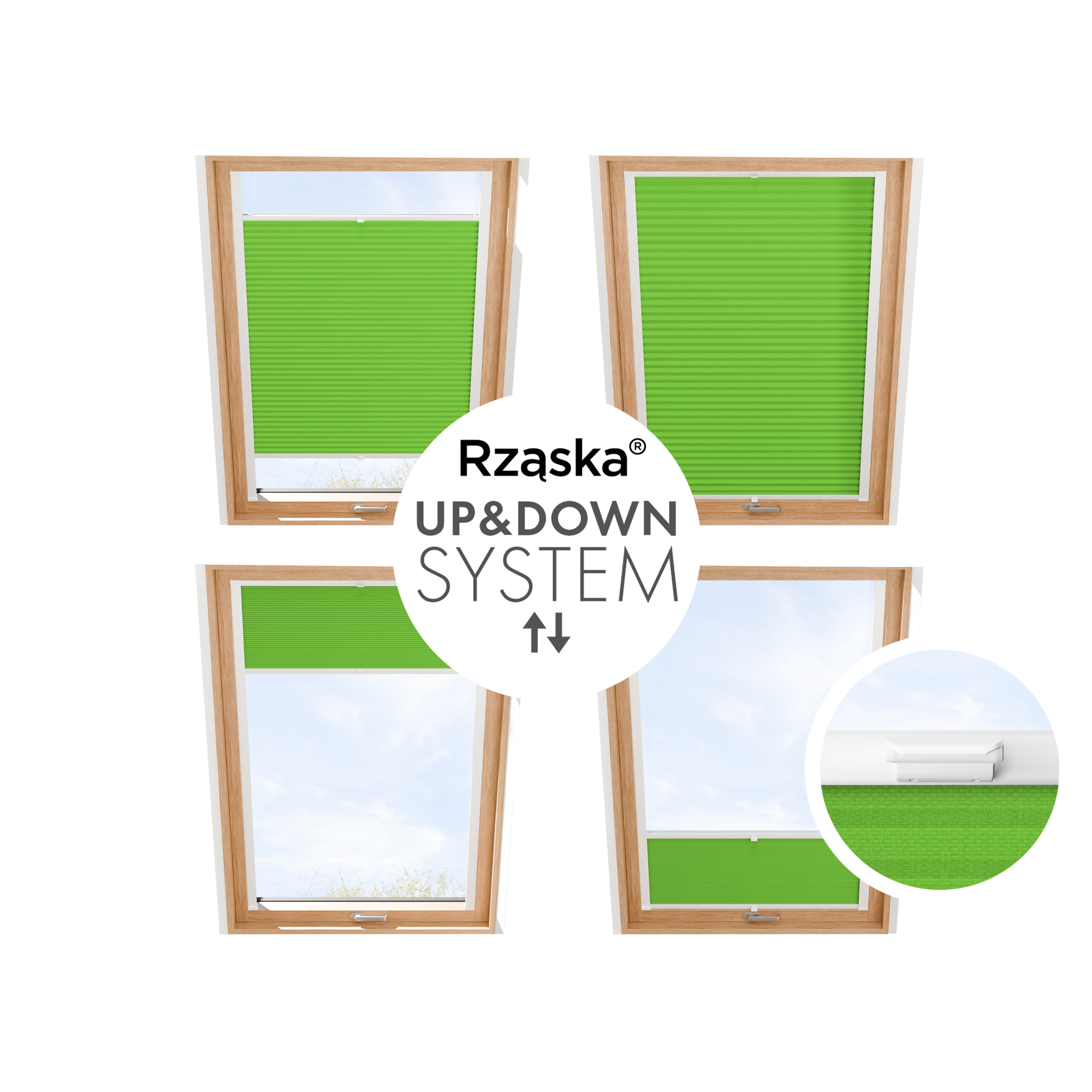 Roleta plisowana dachowa Rząska® na wymiar, uchwyty Risinfix do przykręcania, kolekcja Premium w kolorze Zielona łąka, zielonym z profilem dębowym.