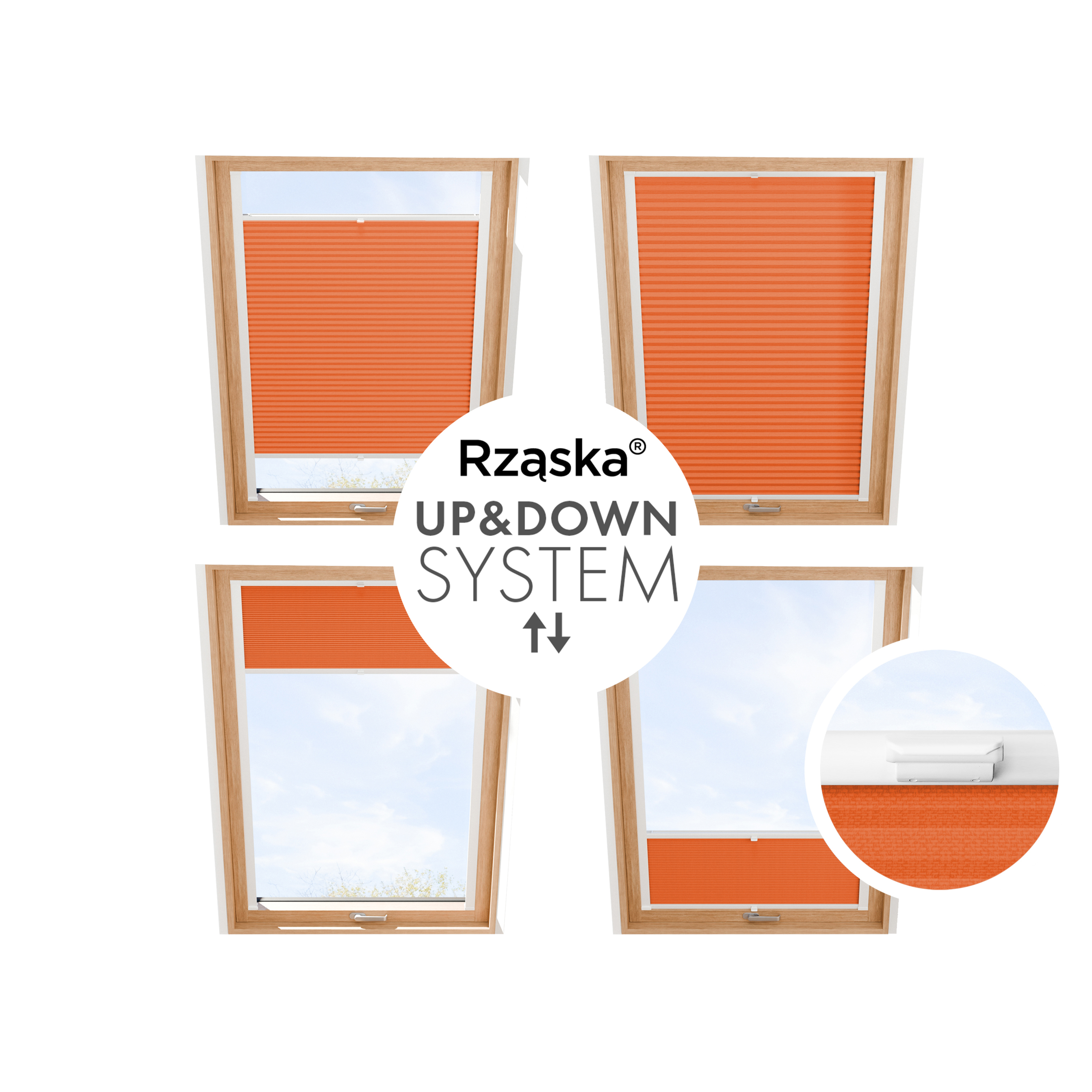 Roleta plisowana dachowa Rząska® na wymiar, uchwyty Risinfix do przykręcania, kolekcja Premium w kolorze Zachód słońca, pomarańczowym z profilem białym.