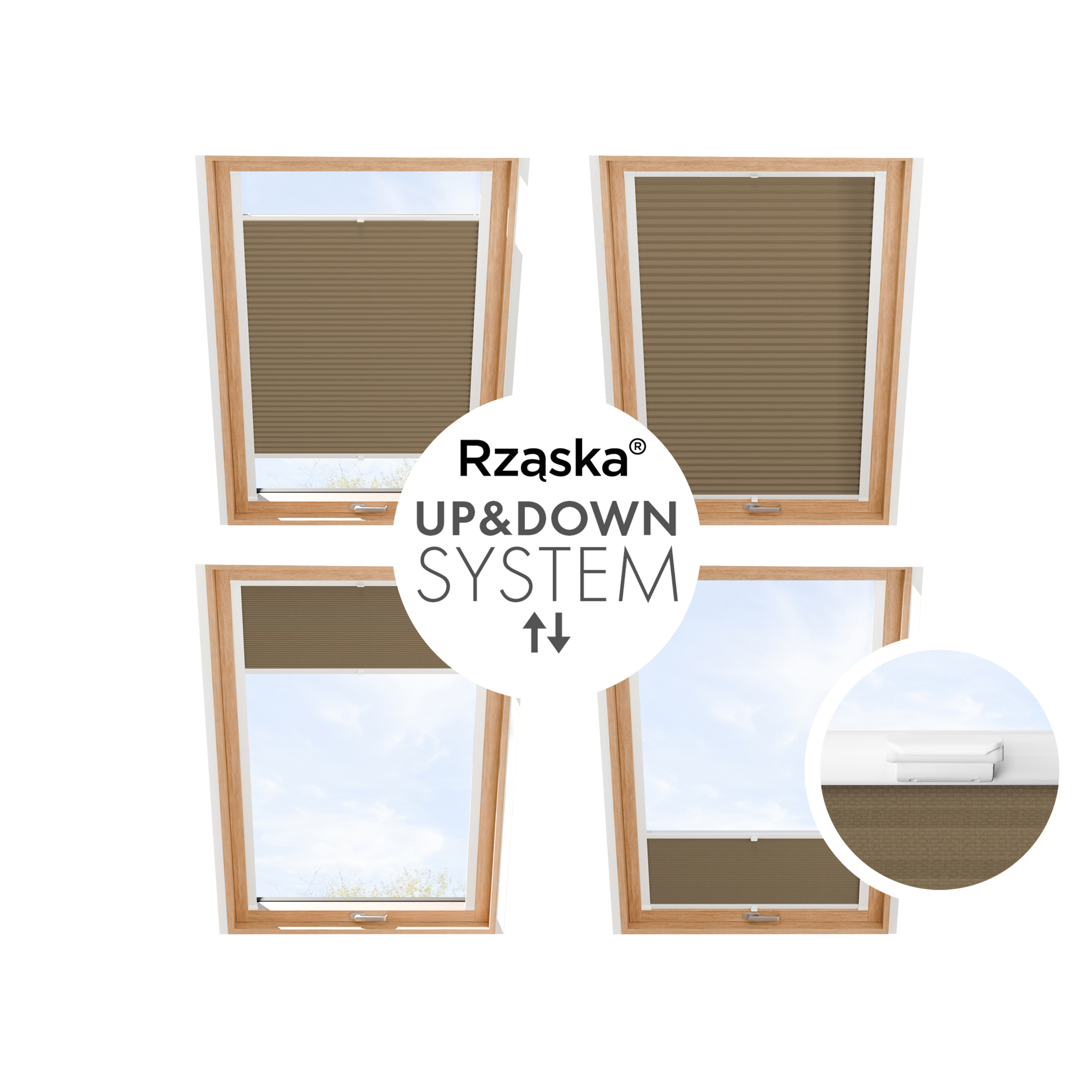 Roleta plisowana dachowa Rząska® na wymiar, uchwyty Risinfix do przykręcania, kolekcja Premium w kolorze Poranna kawa, jasnobrązowym z profilem białym.